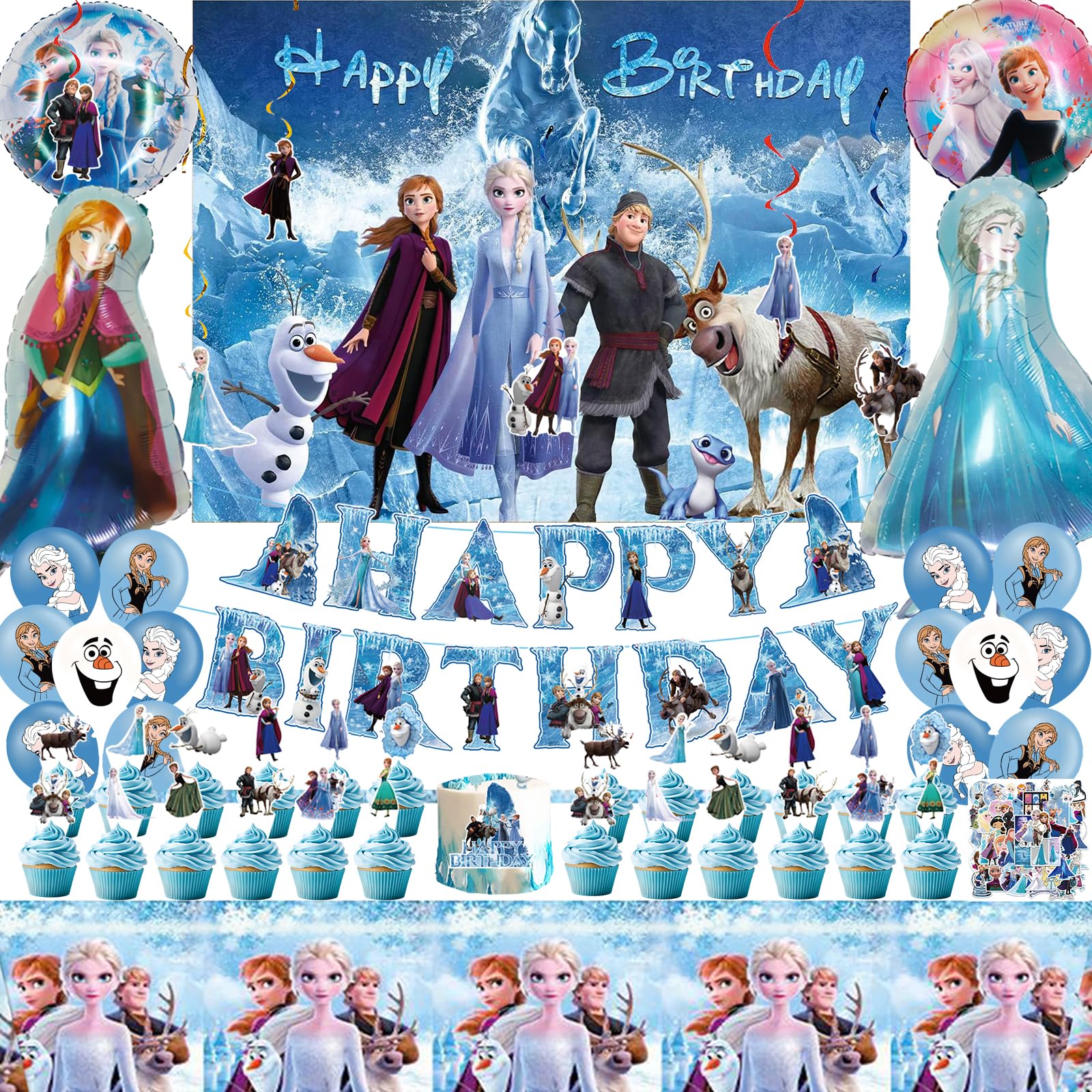 Cartoon Birthday Party Decorations Set with Latex Balloons | Foil Balloons | Happy Birthday Banner | Cake Toppers | Tablecloth | Hanging Swirls |