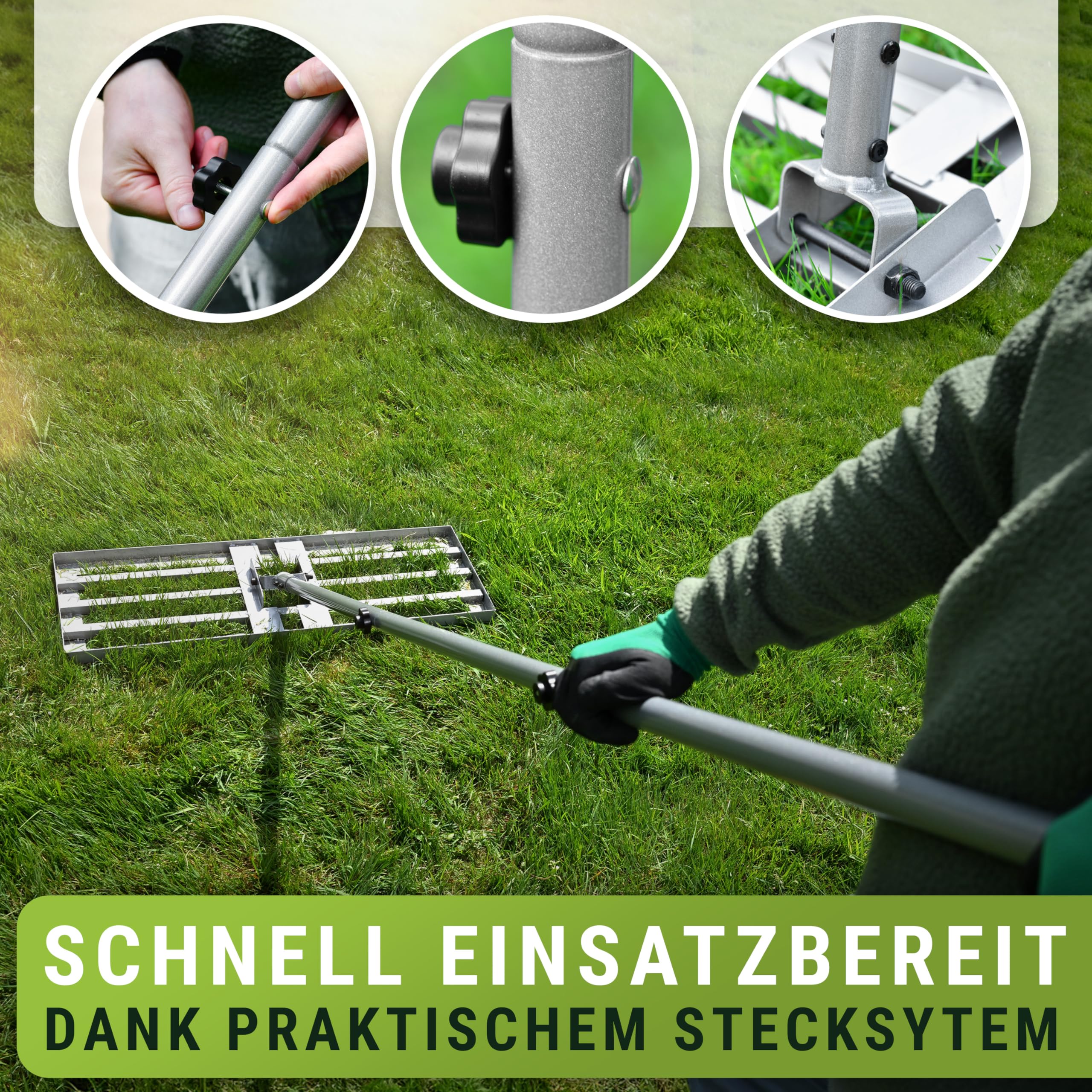 WENDOWERK® Rasen Rakel 80x30cm 2 Meter Stiel mit Gartenhandschuhe
