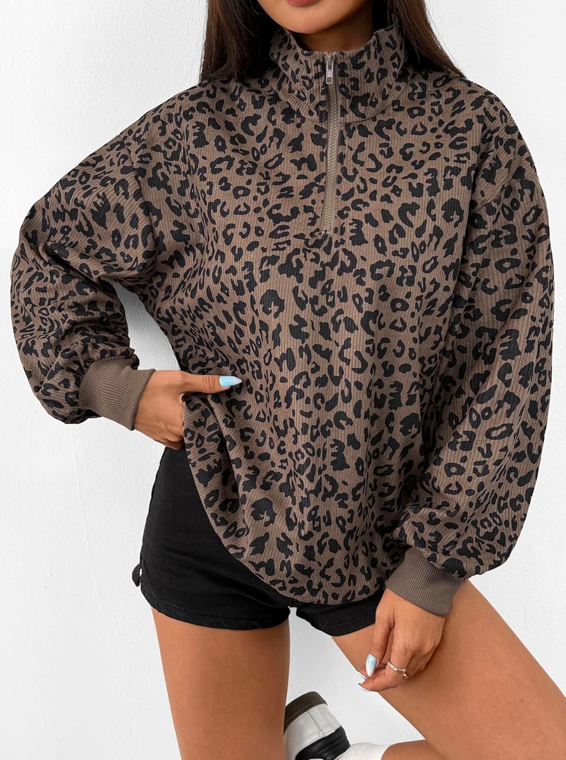 Hilinker Womens Cheetah Print Oversized Sweatshirt Half Zip Pullover Corduroy Long Sleeve Tops - Image 5