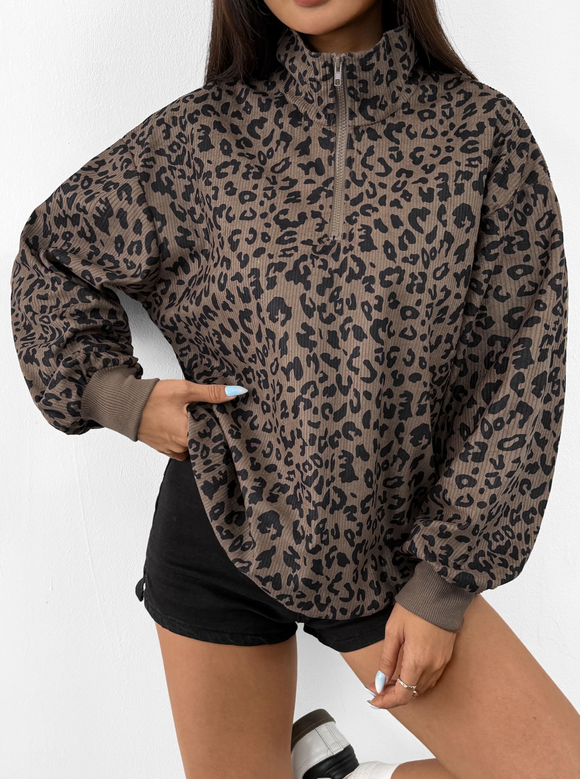Hilinker Damen-Sweatshirt mit Gepardenmuster, Übergröße, halber Reißverschluss, Cord, langärmelig