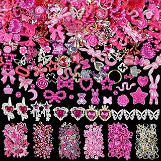 650pcs Mixed 3D Nail Charms Kit, 12pcs Luxury Metal Nail Rhinestones and 250pcs Resin Butterfly Flower Star Heart Bow Charms with 400pcs Flatback Pearls Rhinestone Metal Gems Charms (Hot Pink)