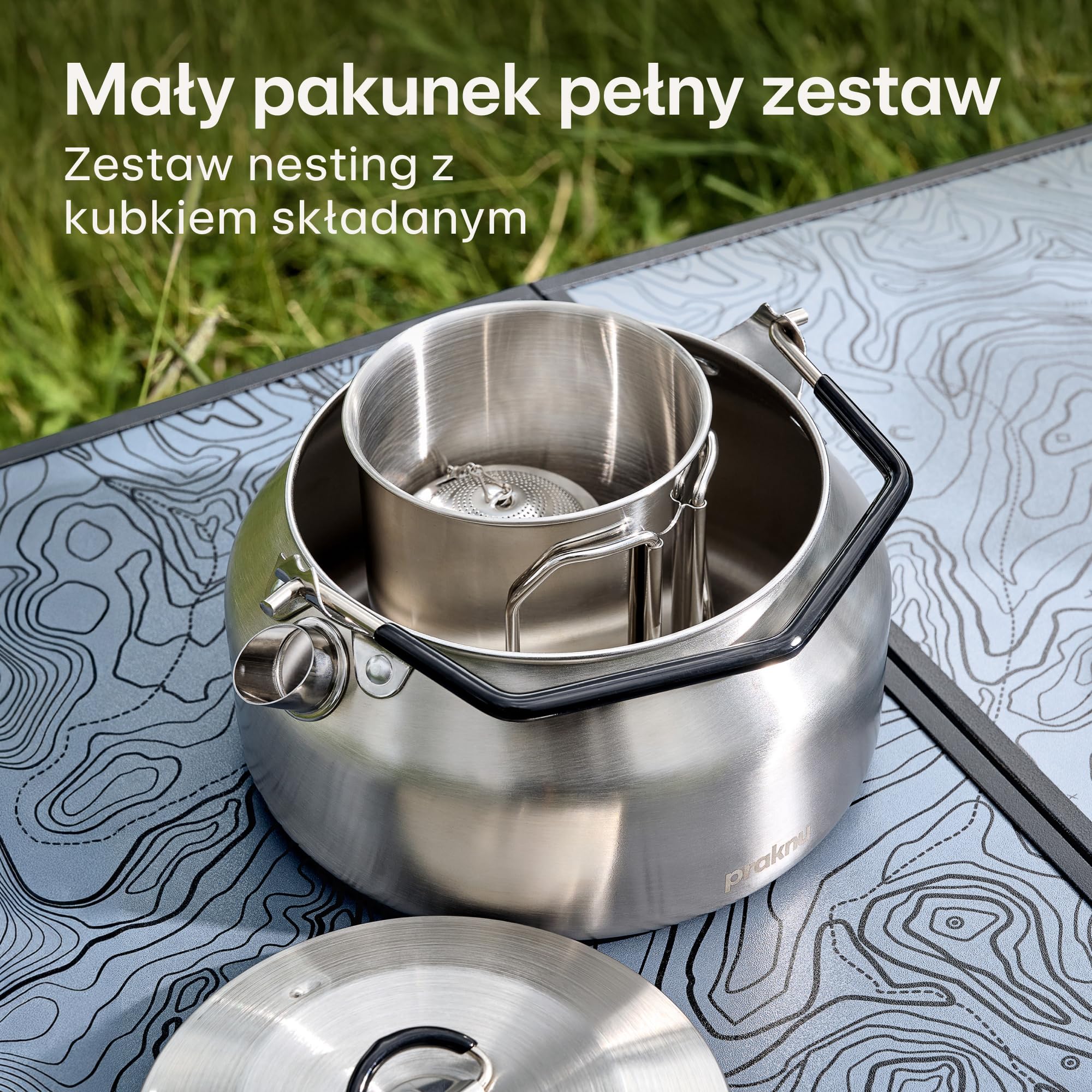 Praknu Zestaw Czajnik Turystyczny 1L Stal Nierdzewna – Czajnik, Kubek, Zaparzacz & Torba – Sztaplowany – Uchwyt z Silikonu Odporny na Ciepło – Indukcja, Gaz & Ogień – Do Zmywarki