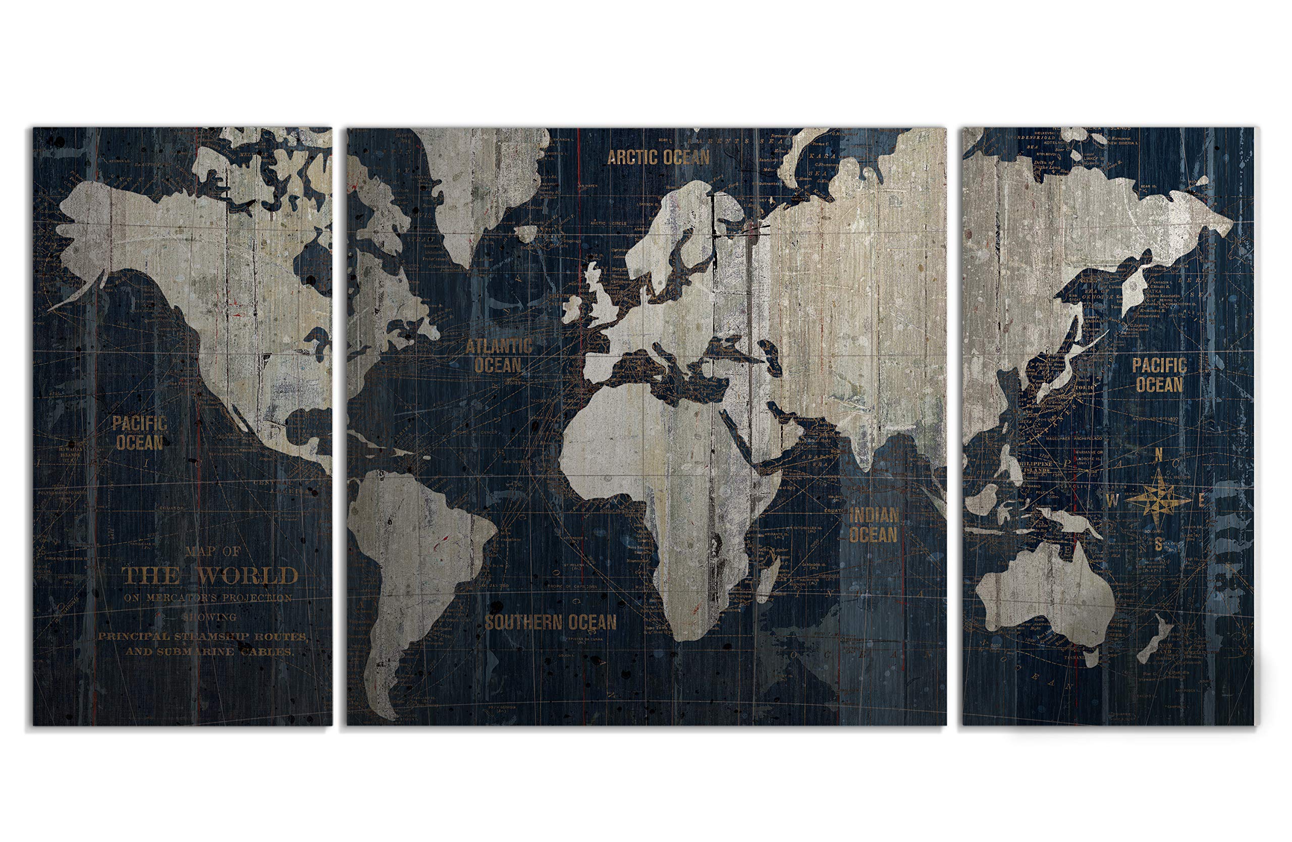 Renditions Gallery Old World Map Blue' 3 Piece Graphic Art Print Set on Wrapped Canvas, 3264, Frameless (15039-3232-3P)