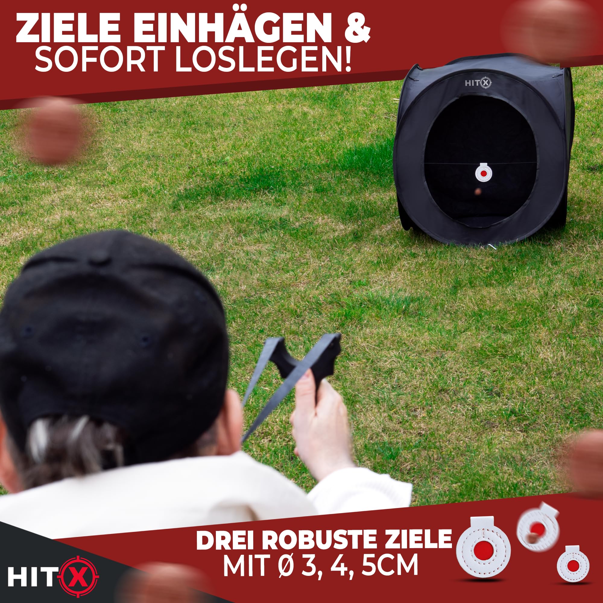 HITX® Steinschleuder Kugelfang XXL mit 3 Zielen | Pop-Up Kugelfangkasten | Aufbau in Sekunden | Zwille Zielbox zum Aufhängen oder Hinstellen | Slingshot Schleuder Targetbox