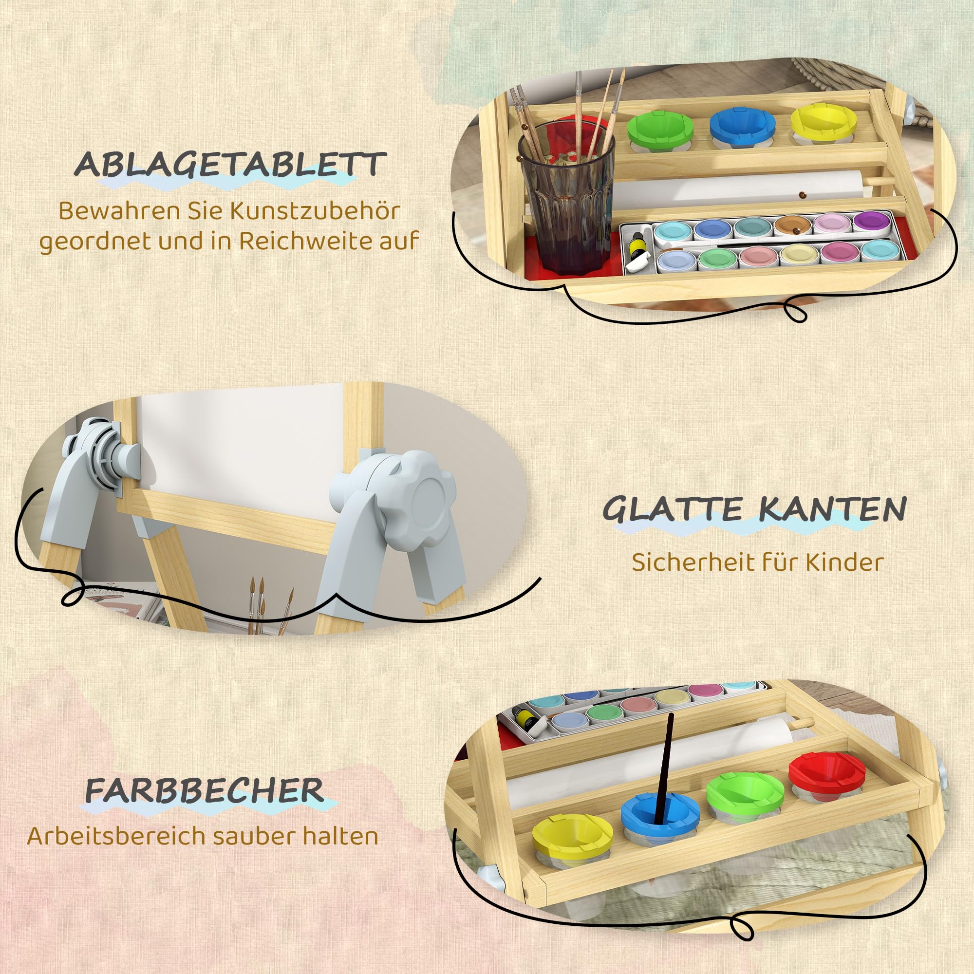 AIYAPLAY Kinder Staffelei aus Holz, Kindertafel Doppelseitige Whiteboard und Tafel Höhenverstellbar Magnetische Standtafel mit Papierrolle, Ablage, für Kinder Jungen & Mädchen 3-6 Jahre