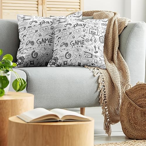 Miniatura 4 de Ambesonne Juego de 2 fundas de cojín de videojuegos, estilo boceto monocromático, diseño de videojuegos, dispositivo de monitor de carreras,