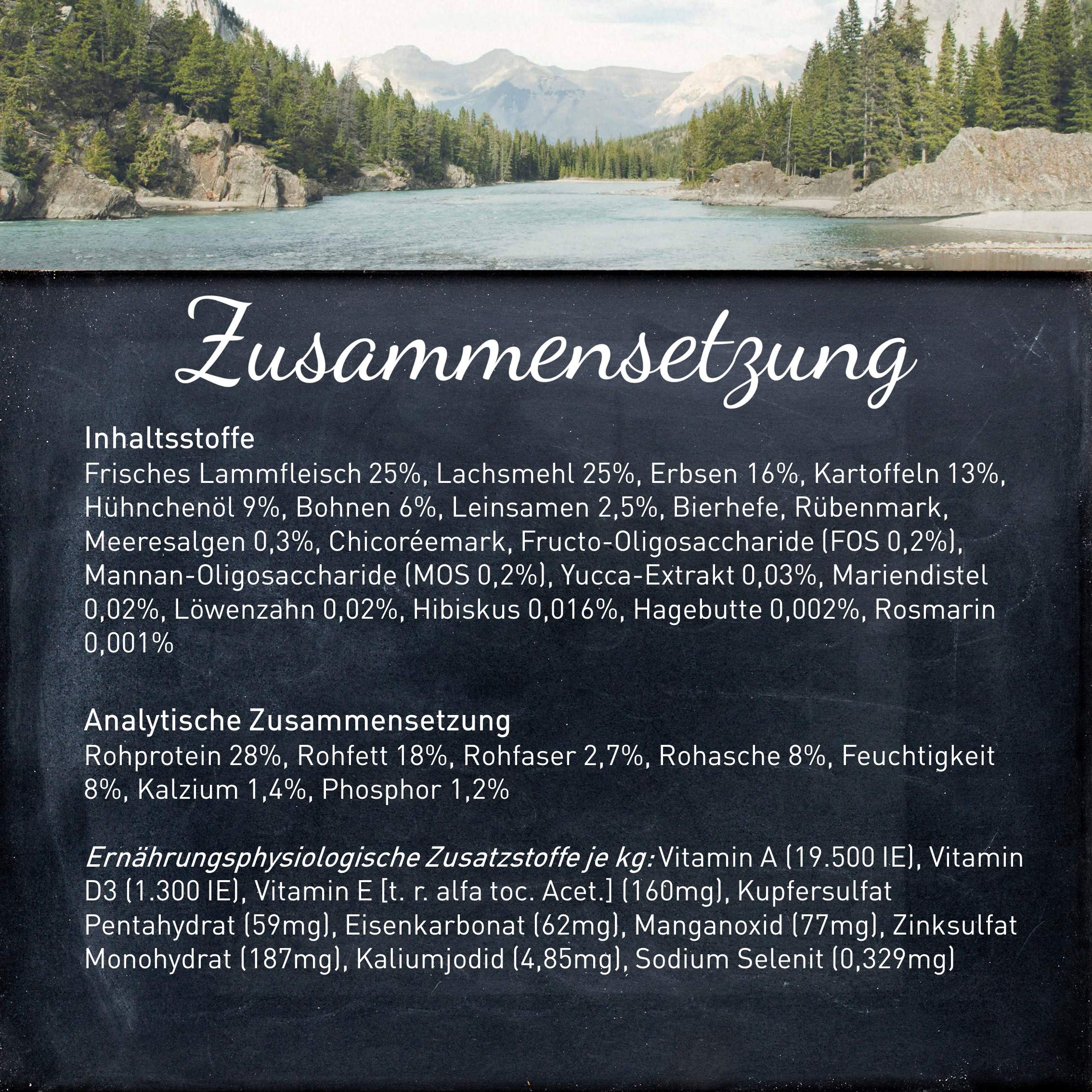 WILDES LAND – Lamm & Lachs | Trockenfutter mit extra hohem Fleischanteil und natürlichen Zutaten für ausgewachsene Hunde. Alleinfutter ohne Zusatzstoffe im Beutel | 12kg Lamm & Lachs