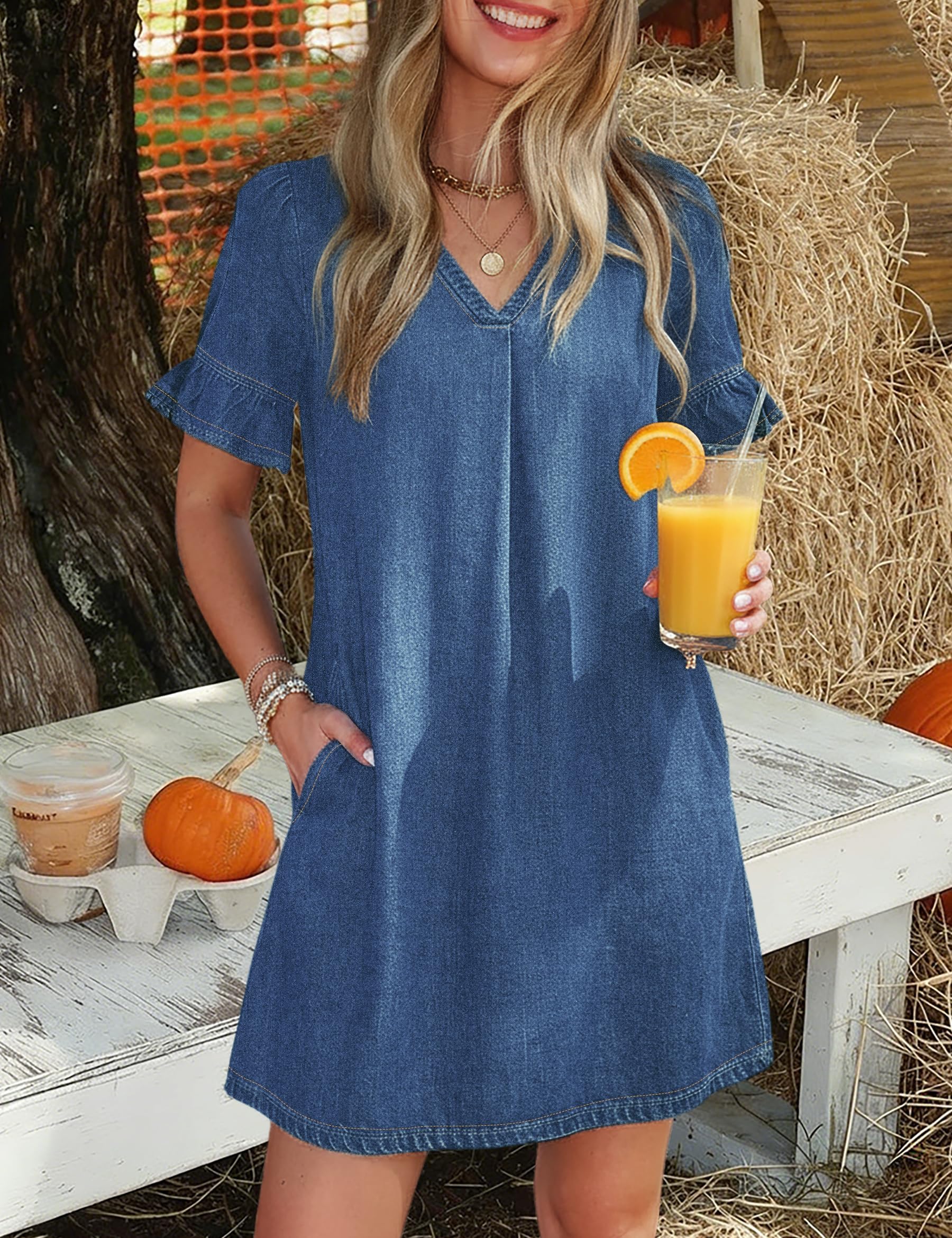 Fengbay Blusenkleid Jeanskleid Damen Knielang Sommerkleid V Ausschnitt | Lockerer Gerader, Casual Elegant Hemdblusenkleid Kleid mit Taschen für Sommerdates, Urlaubsreisen und Alltag
