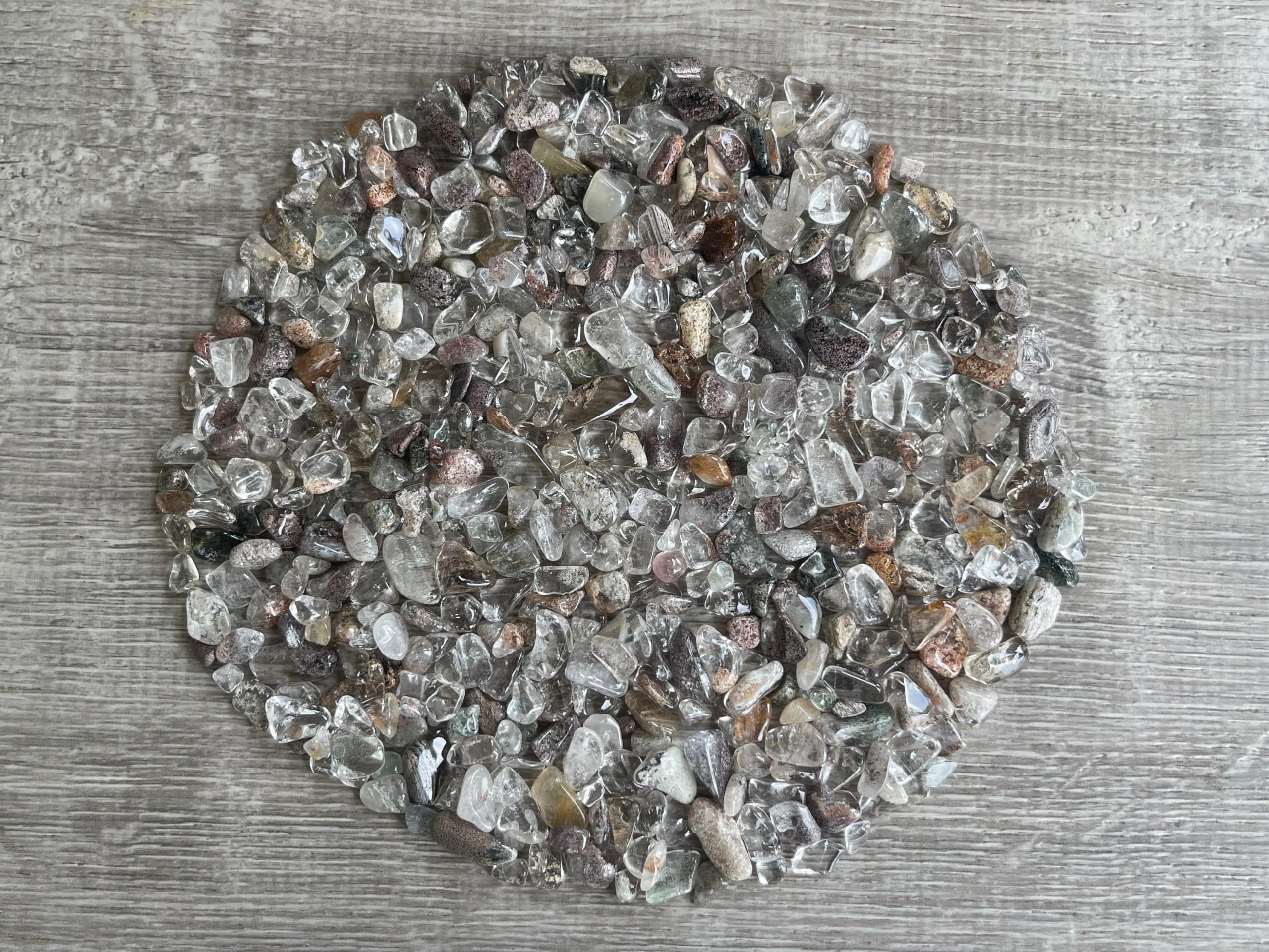 GAF TREASURES 2 oz Lot Natural Semi Tumbled Gemstone Chips, Crushed Mini Crystals, Undrilled Crystal Chips (Rutilated Quartz Mixed)