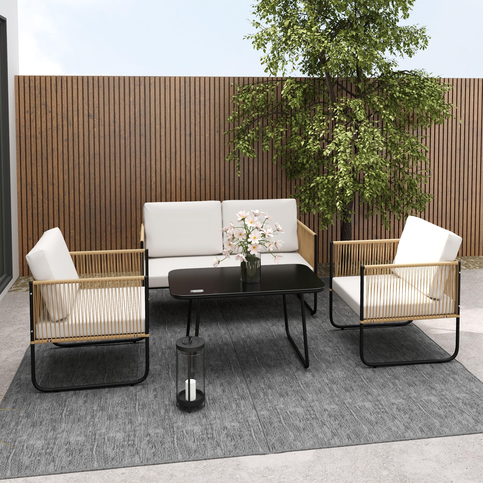 Outsunny Set di Mobili da Giardino in Rattan 4 Pezzi Color Legno e Crema | Salotto da Esterno, Divano a 2 Posti, 2 Poltrone, Tavolino Basso Rettangolare, Cuscini Lavabili, in Acciaio