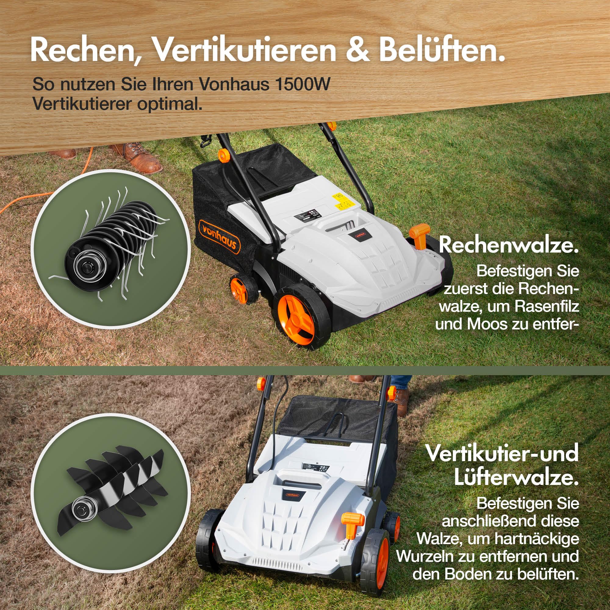VonHaus Rasen-Vertikutierer/Aerator/Rechen Elektrisch 1500W, Zum Vertikutieren Und Rechen Von Rasen, Entfernt Filz, Moos Und Laub, Belüftet Den Boden, 30L Fangkorb, 4 Schnitthöhen, 32cm Arbeitsbreite