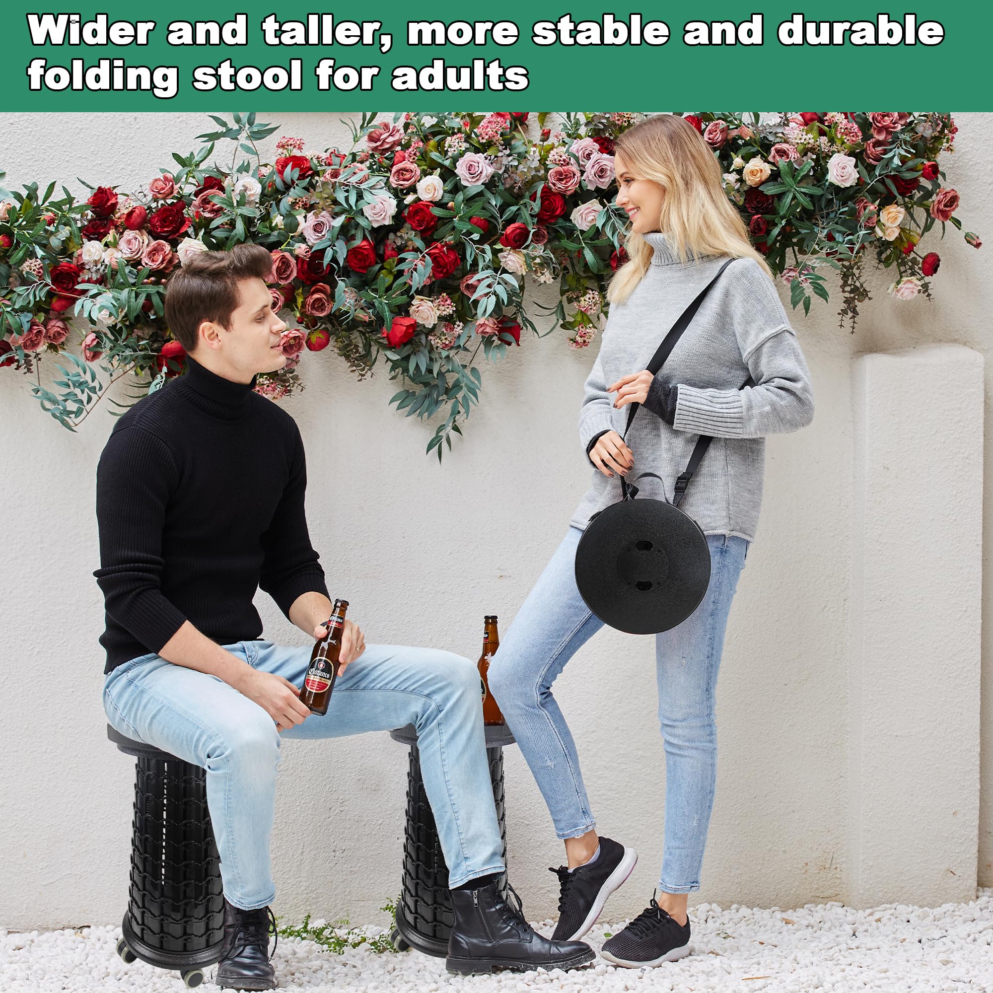 ALEVMOOM Tabouret télescopique portable XXL avec coussin et roulettes, tabouret pliable, pour extérieur, camping, jardin, hauteur 57 cm, diamètre 33 cm, capacité de charge 450 kg