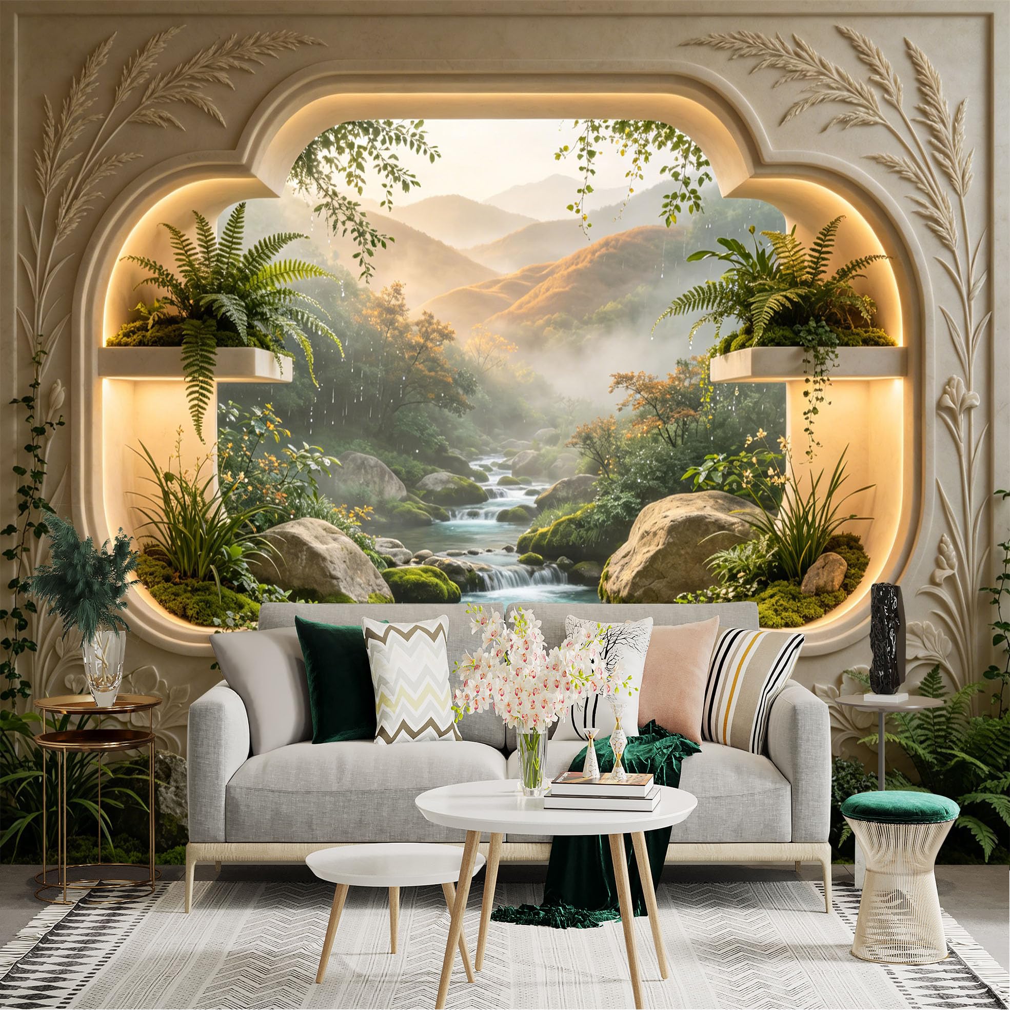 Custom Size Wall Sticker Mural， Tranquil Mountain Stream with Rocks and Lush Green Plants， for wall Decoration， peelandstick wall Decals.