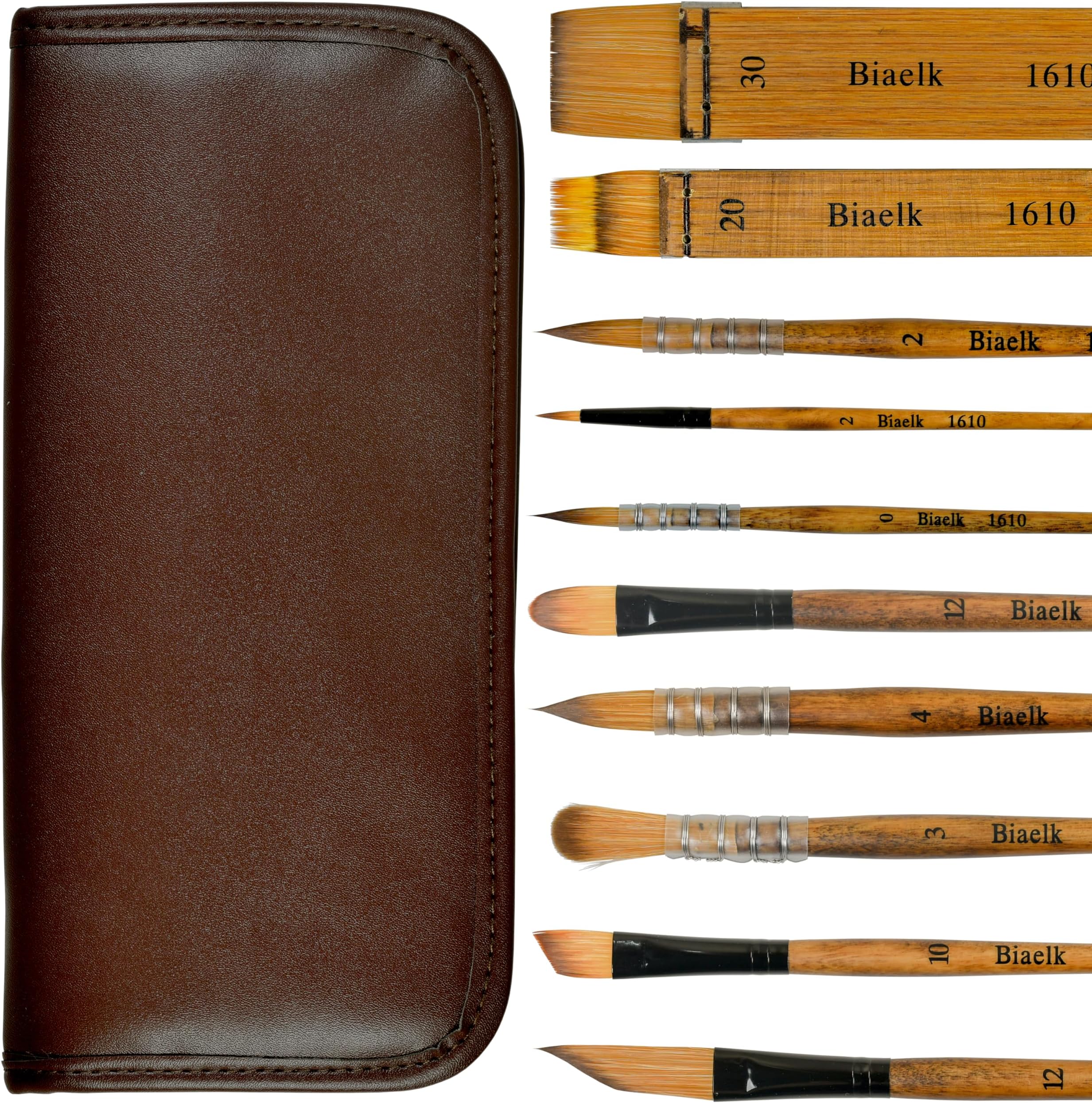 1610 Professional 10PCS,Face Paint Brushes, Synthetic Taklon Hair,Wooden,Bamboo Handle Artist Brushes Set for Watercolor,Acrylic,Gouache,Dagger,Round,Oval,Flat Shape,with One PU Pouch