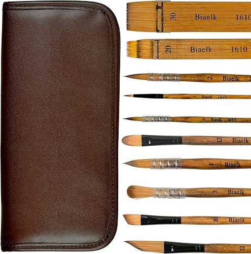 Juego de 10 pinceles de acuarela para pintura de artista profesional Travel Biaelk que incluye puntas redondas, daga de merluza para tintas