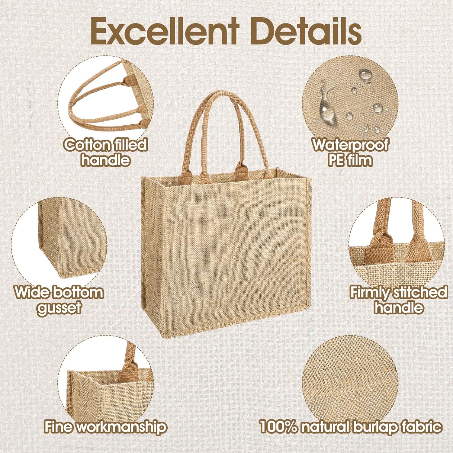 8 Pack Reusable Jute Tote Bags with Handles 15.3 x 12.2 x 5.5 Inch Large Natural Blank Burlap Tote for Grocery Shopping Travel