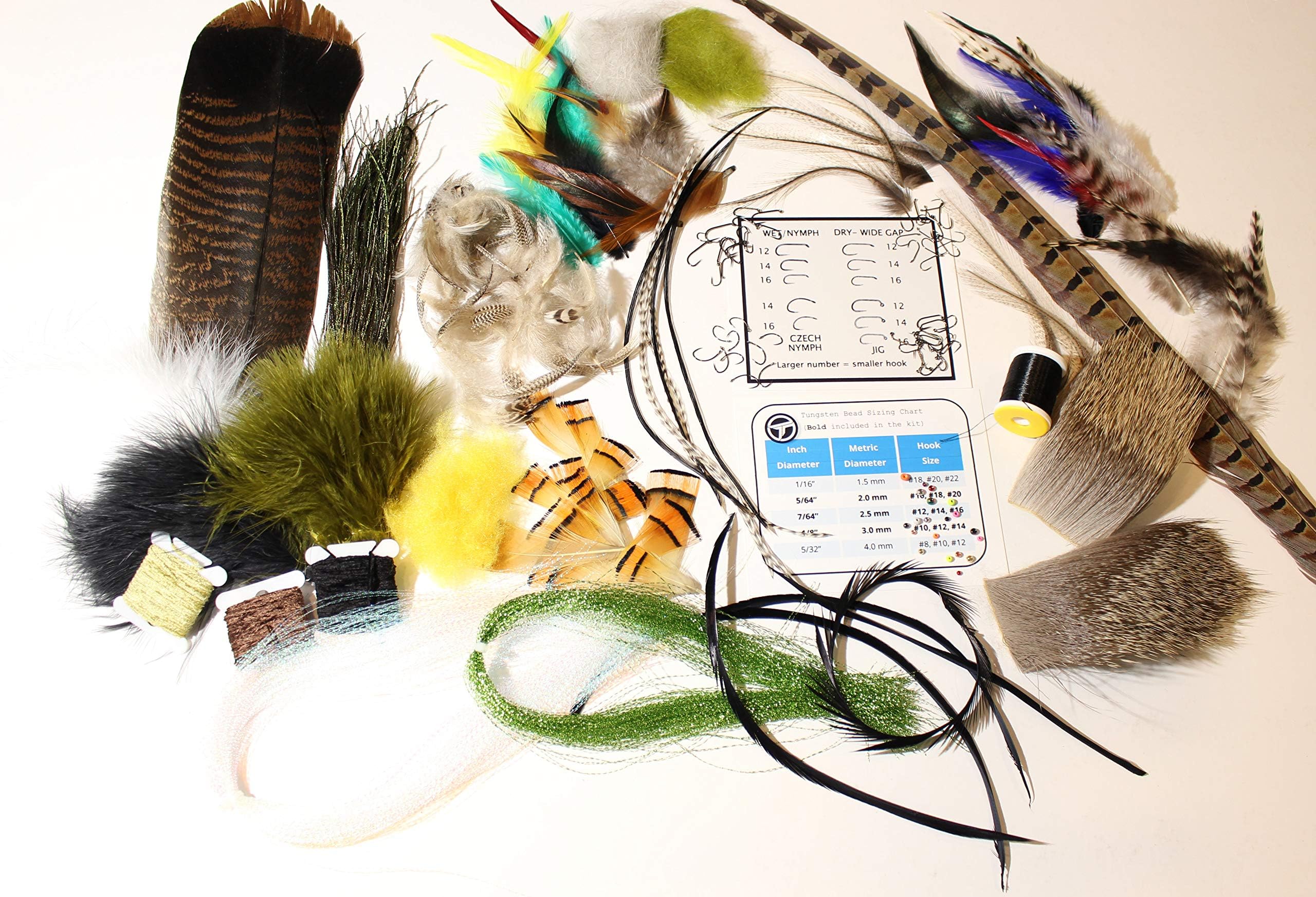 Fly Tying Materials Kit for Beginners to Advanced 16 Materials Includes Competition Barbless Hooks, Fly Tying Thread Tungsten Beads