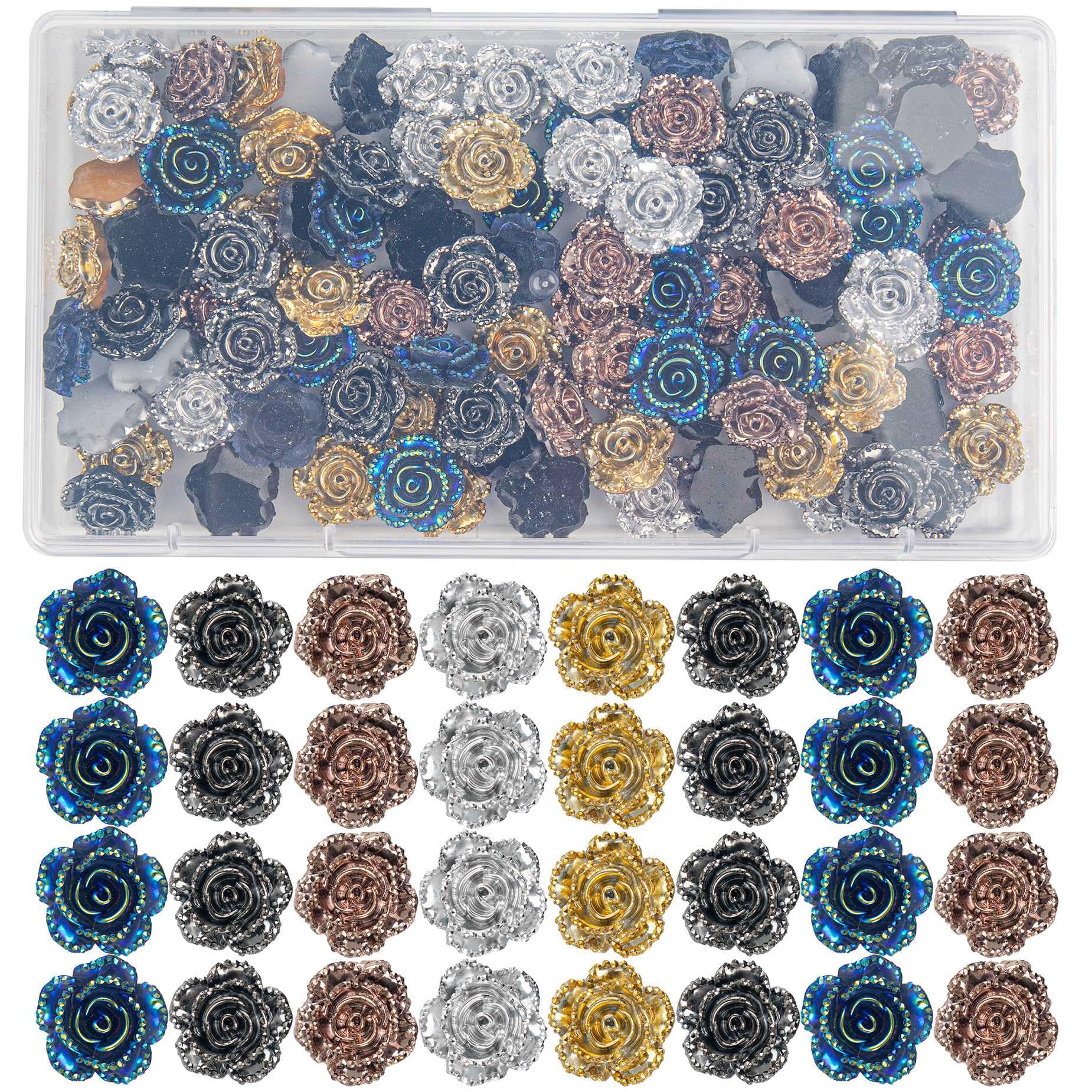 Pack of 100 14mm Resin Rose Flower Flatback Cabochons Beads for Jewelry Making 5 Colors