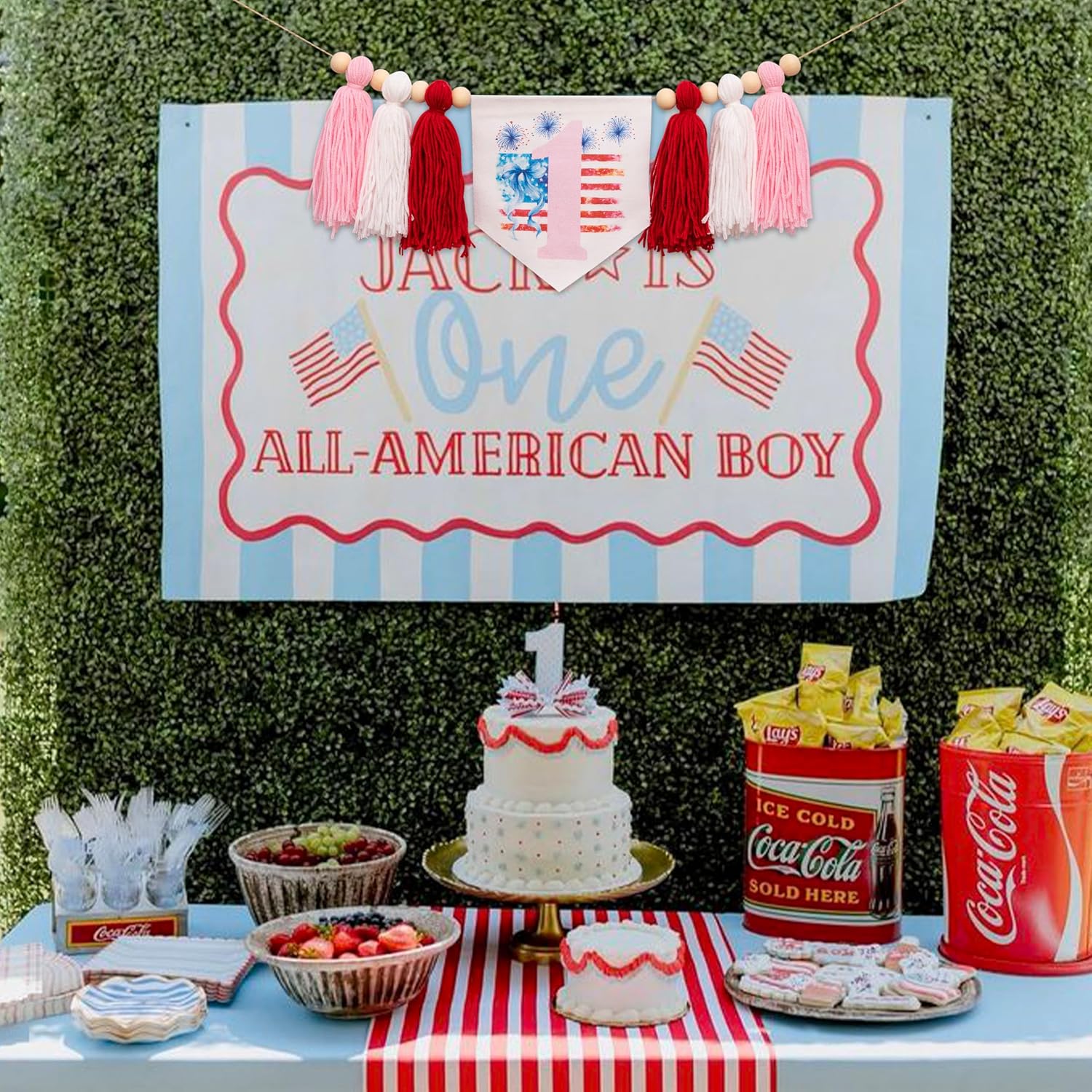 4th Of July 1st Birthday Highchair Tassel Banner - Patriotic Theme Birthday Party Supplies,1st Party Decoration,Independence Day Cake Smash Photo Props (4th Of July banner)
