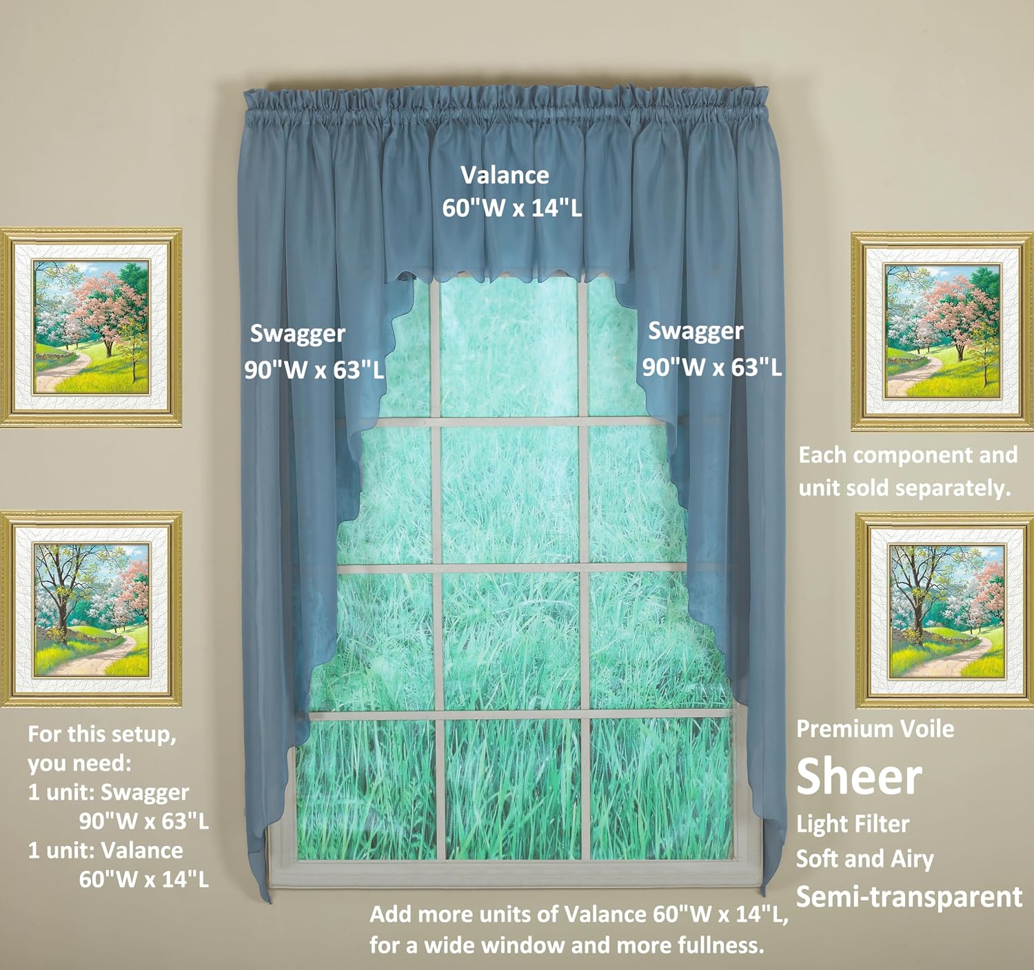 Today's Curtain Emelia Original Voile Swag Pair 38", Wedge Blue, 60" W x 38" L