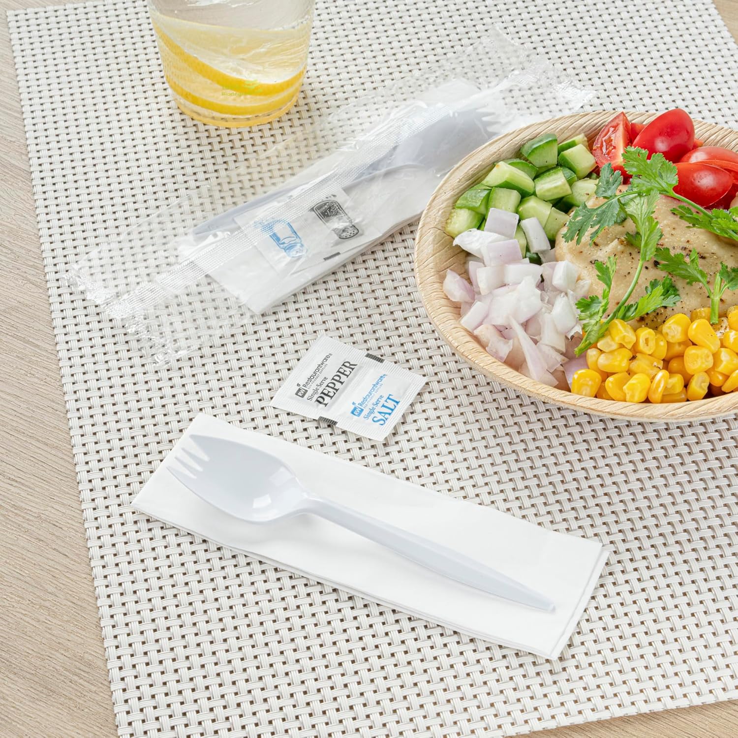 Restaurantware Plastic Spork Kit 500 Count 5.3 Inch Medium Weight Black Utensil Set Individually Wrapped Spork Disposable Cutlery Set With Napkin Compact Dining Kit White