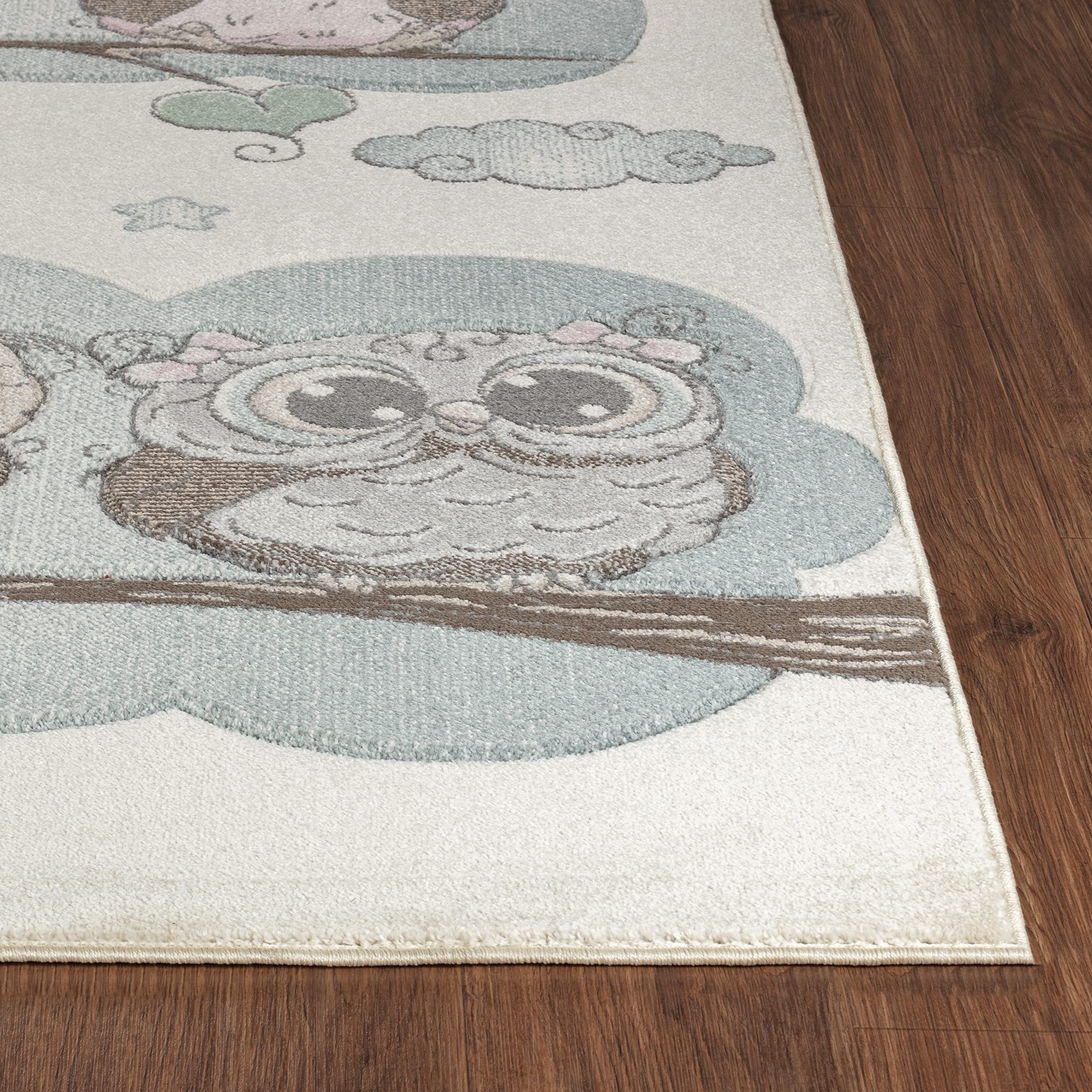 Surya Livabliss Tapis pour Chambre à Coucher de Fille et garçon, Motif Chouettes, 80 x 150 cm, Beige, Bleu et Marron