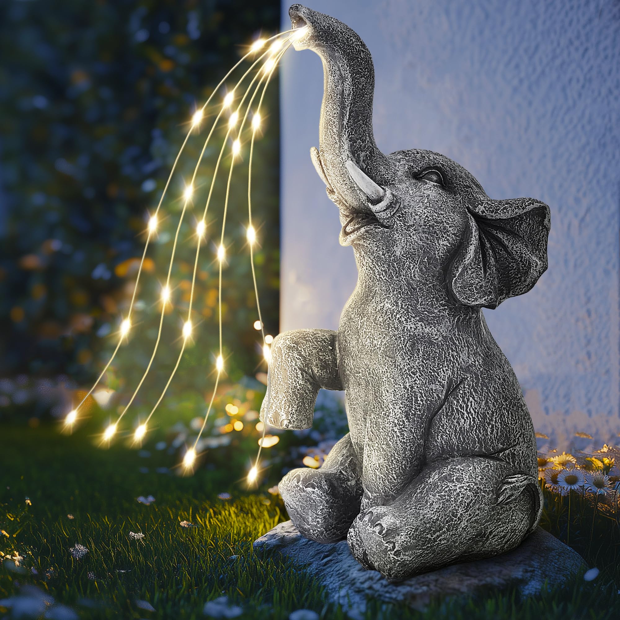 GIGALUMI Elefanten Statue Gartendeko, Bewässerung Elefant Figur Solarbetriebene LED Lichter, Geschenk für Mama/Eltern, Geburtstagsgeschenke für Frauen, Elefanten Dekoration für Terrasse(Immer Hell)
