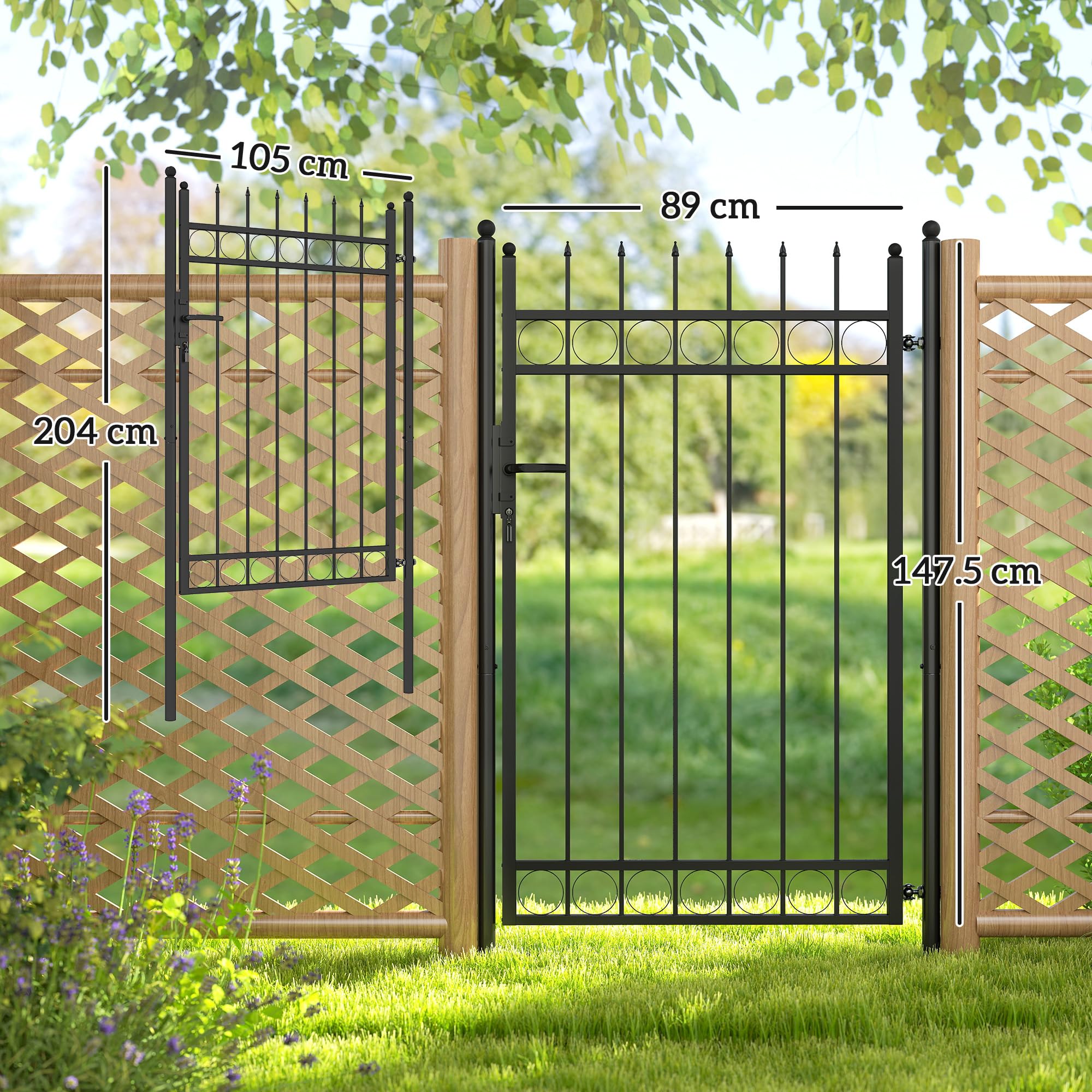 Outsunny Cancello Giardino a 2 Paletti con Maniglia, Lucchetto e 3 Chiavi, Cancello a Esterno in Acciaio Zincato, 105x204 cm, Nero