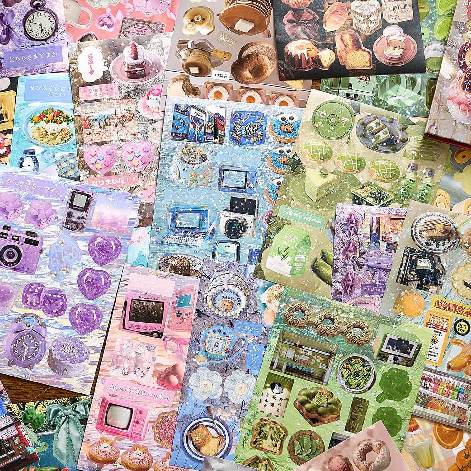 800PCS Japanese Stickers for Scrapbooking, Aesthetic Kawaii Sticker Book for Junk Journals, Cute Stickers for Photocards Planner Card Making Stationary, Glitter Travel Journaling Sticker for Women