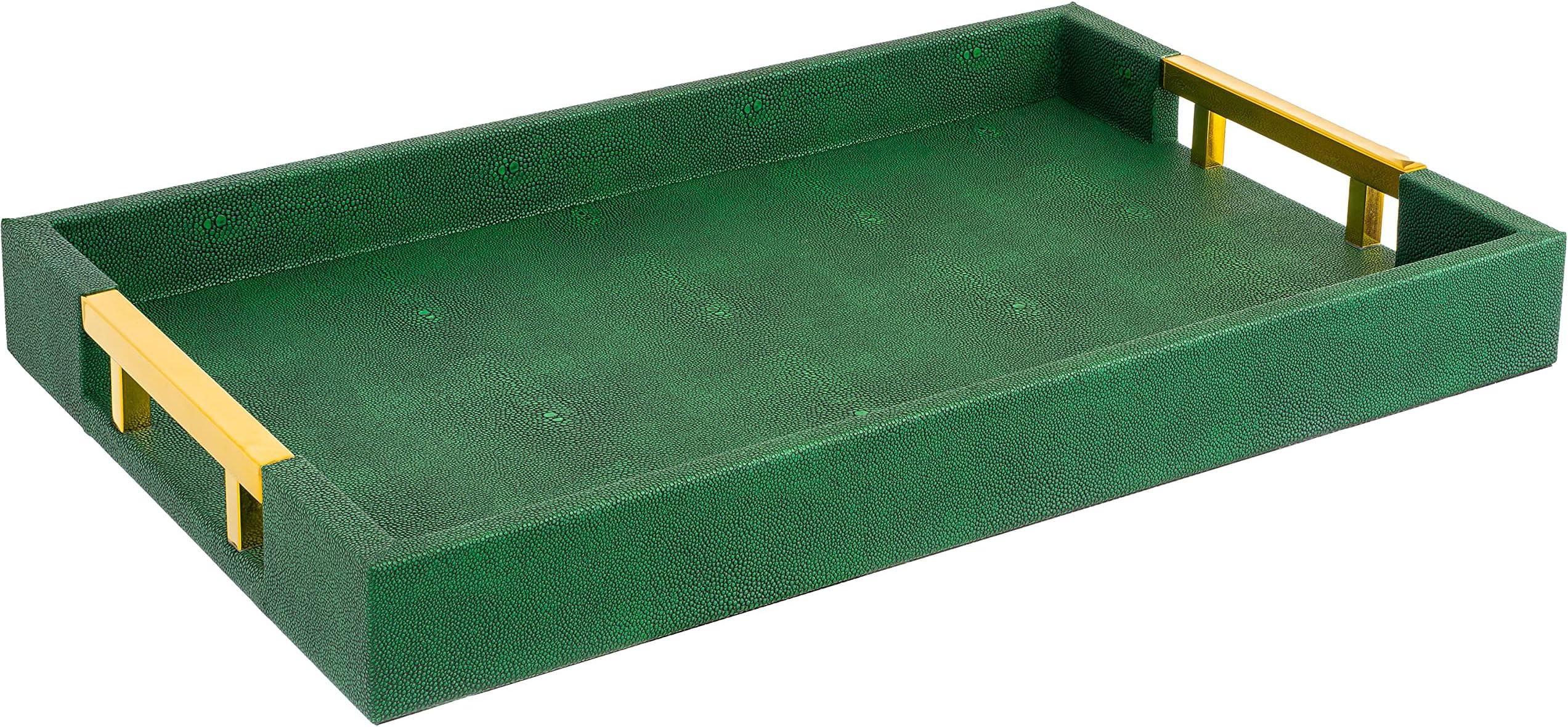 Modern Elegant 18x12 Rectangle Emerald Green Shagreen Decorative Ottoman Coffee Table Perfume Living Room Kitchen Serving Tray with Gold Polished Metal Handles by for All Occasion's