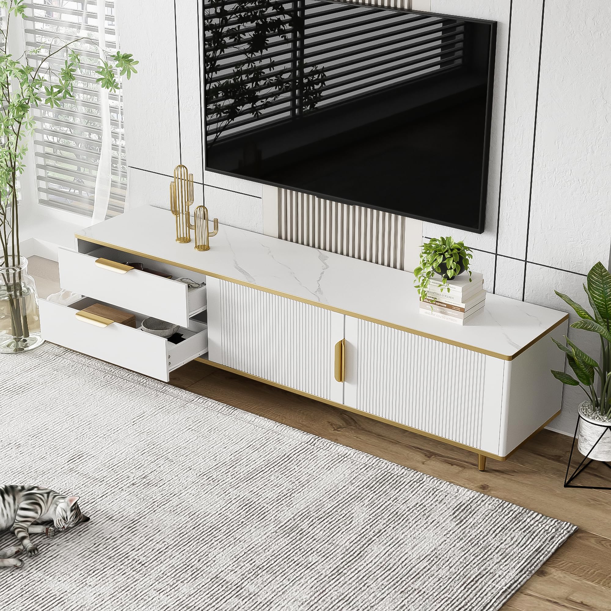 Merax Meuble TV Bas, Buffet avec Portes sculptées et poignées dorées, Meuble de Salon avec Finition marbre, Design Moderne et élégant, Blanc et Or 175x40x45cm