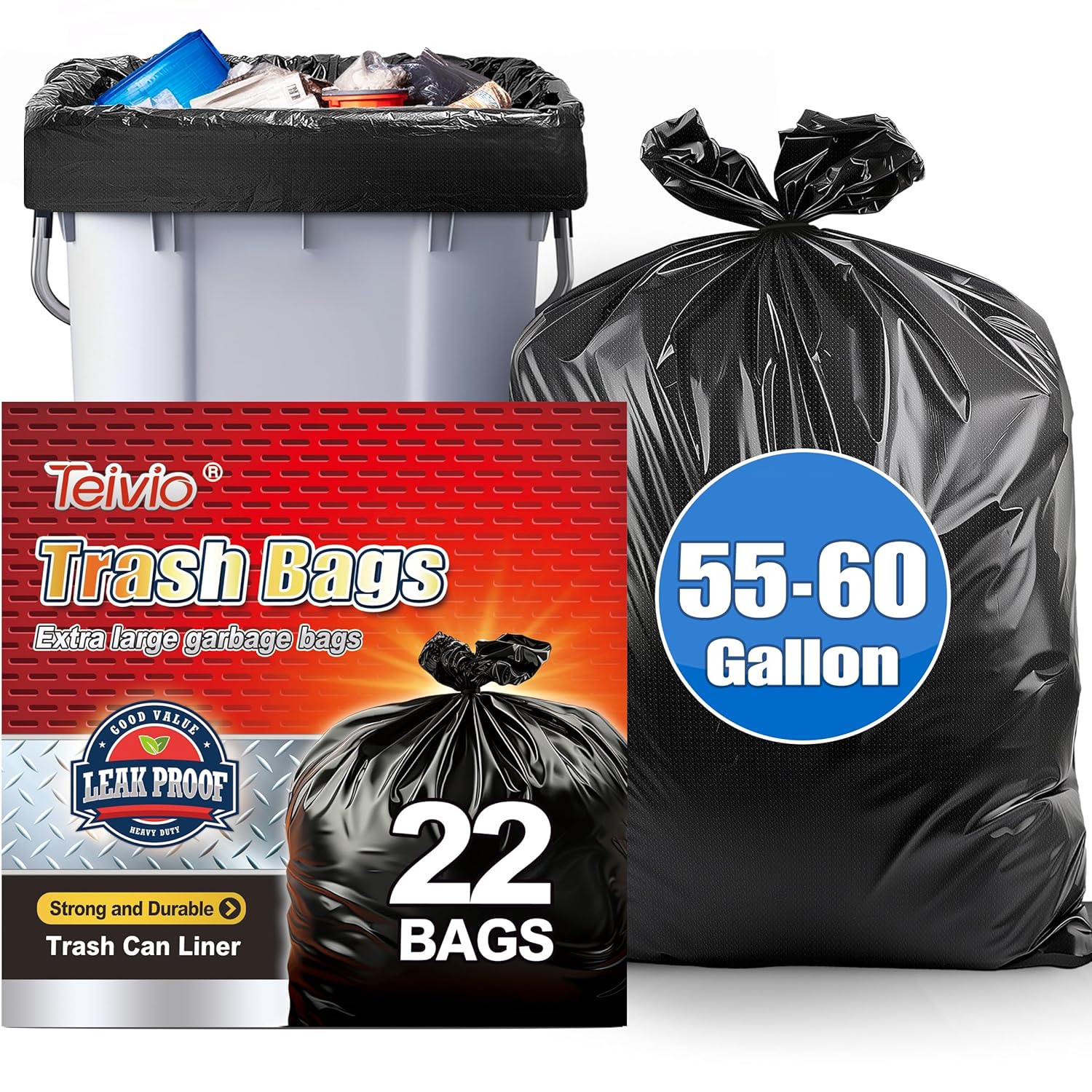 Teivio 55-60 Gallon Black Trash Bags, 22 Count - Extra Large Garbage Liners for Home, Office, Lawn, Industrial & Recycling Bins
