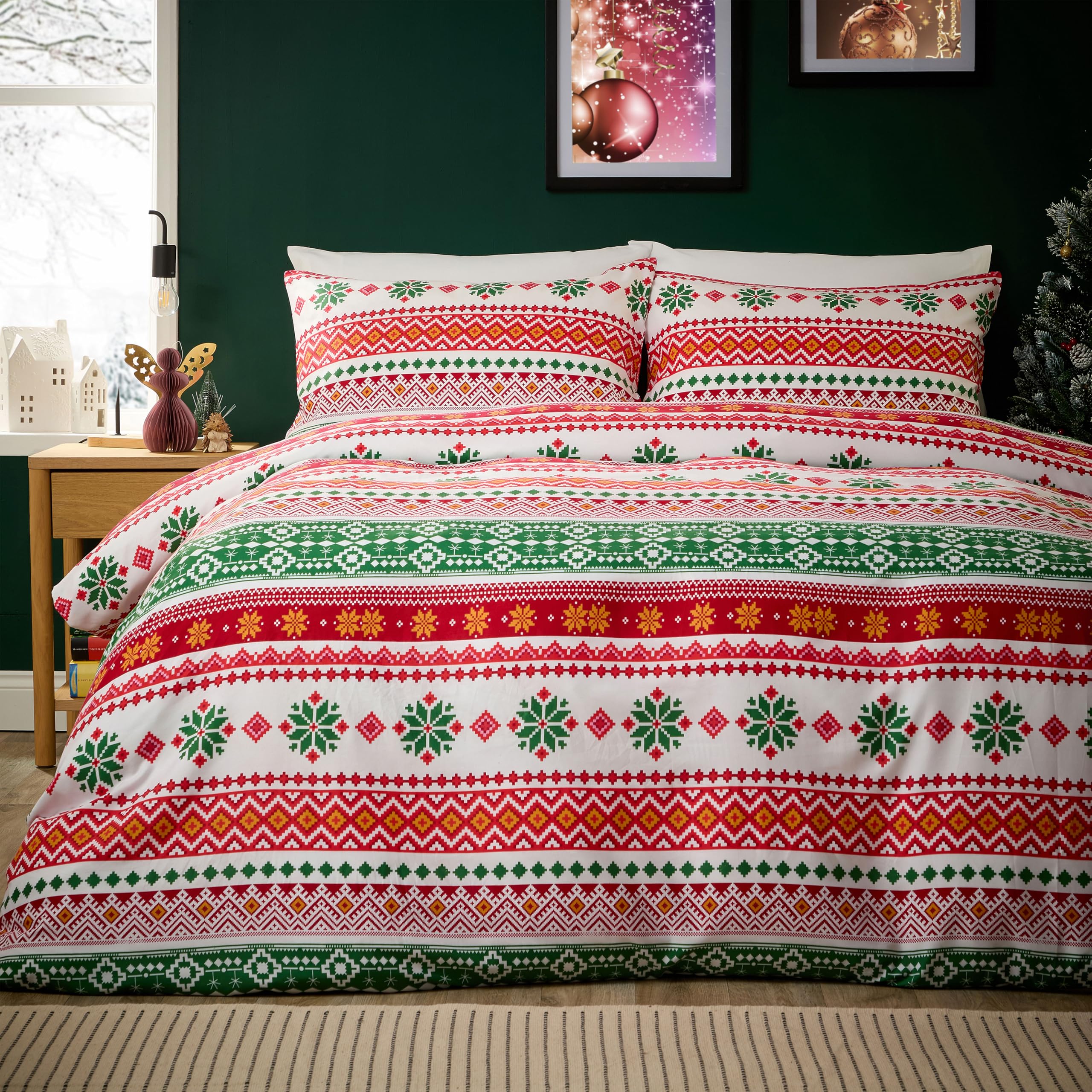 Olivia Rocco Christmas Duvet Cover Set Festive Bedding Quilt Cover Xmas with Pillowcases Reversible Design Easy Care Bed Linen Sets, Fair Isle Multi, Double