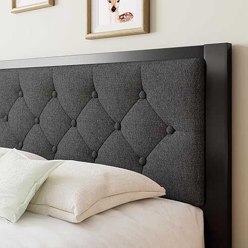 Miniatura 4 de Marco de cama individual, marco de cama de metal con cabecera tapizada de lino con botones, listones de acero resistentes, almacenamiento debajo de