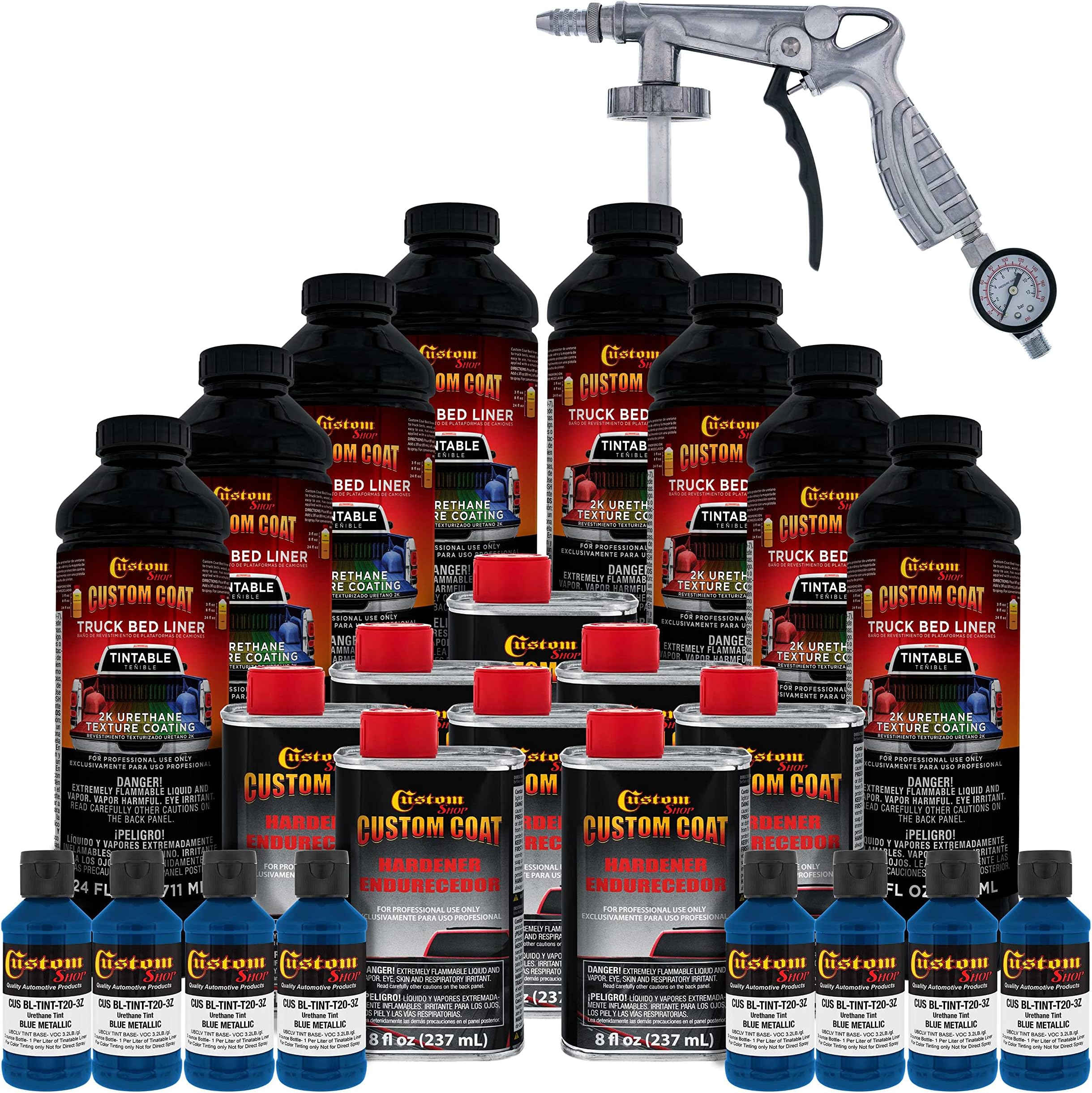 Custom Coat Blue Metallic 2 Gallon (8 Quart) Urethane Spray-On Truck Bed Liner Kit with Spray Gun and Regulator - Easy Mixing, Shake, Shoot - Textured Protective Coating, Prevent Rust - Car, Auto