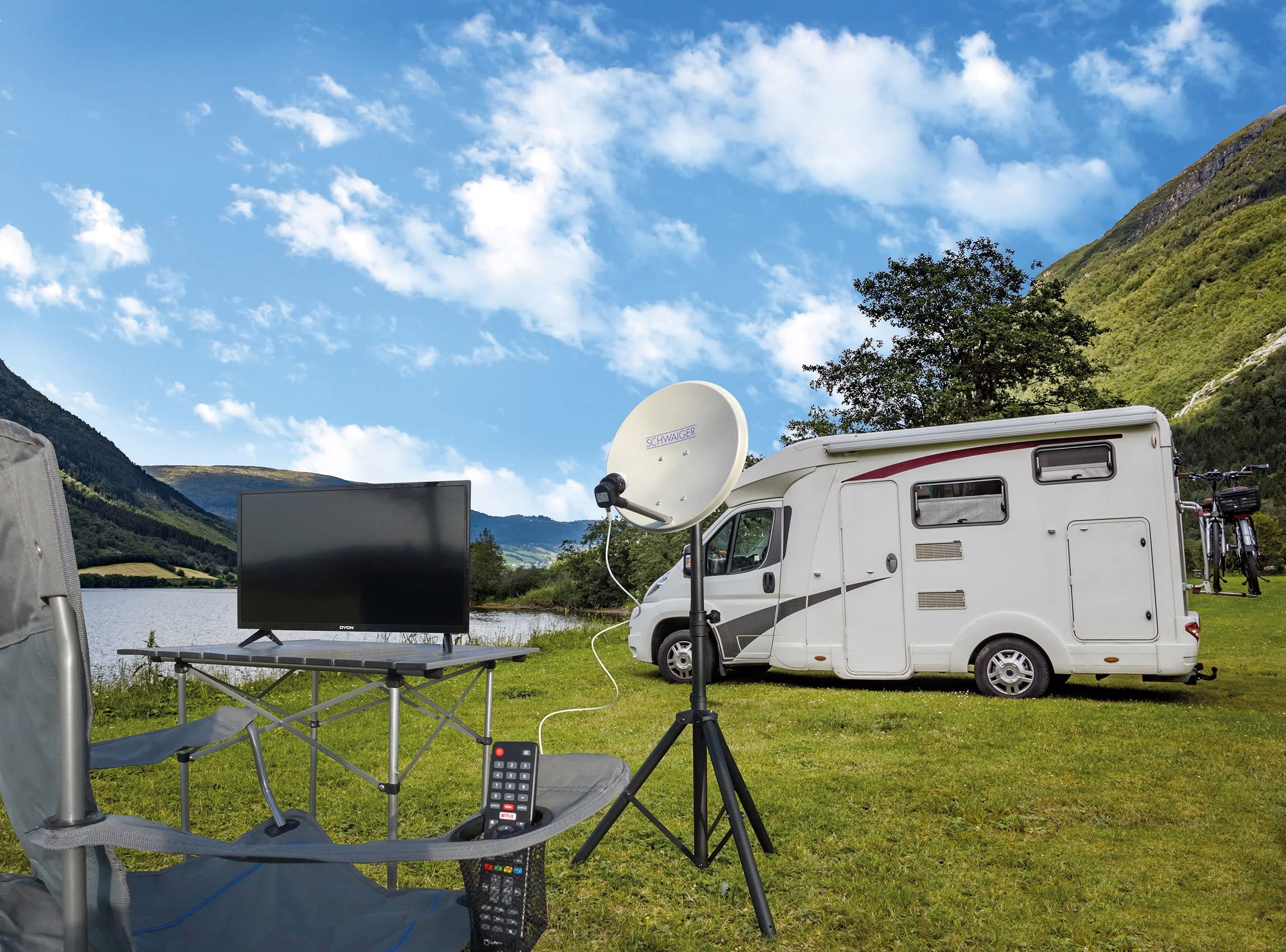 SCHWAIGER SATSET440 - Juego completo de antena satélite digital (cable de satélite LNB, 10 m, buscador de satélite, trípode, antena satélite, acero, 40 cm, incluye accesorios de montaje