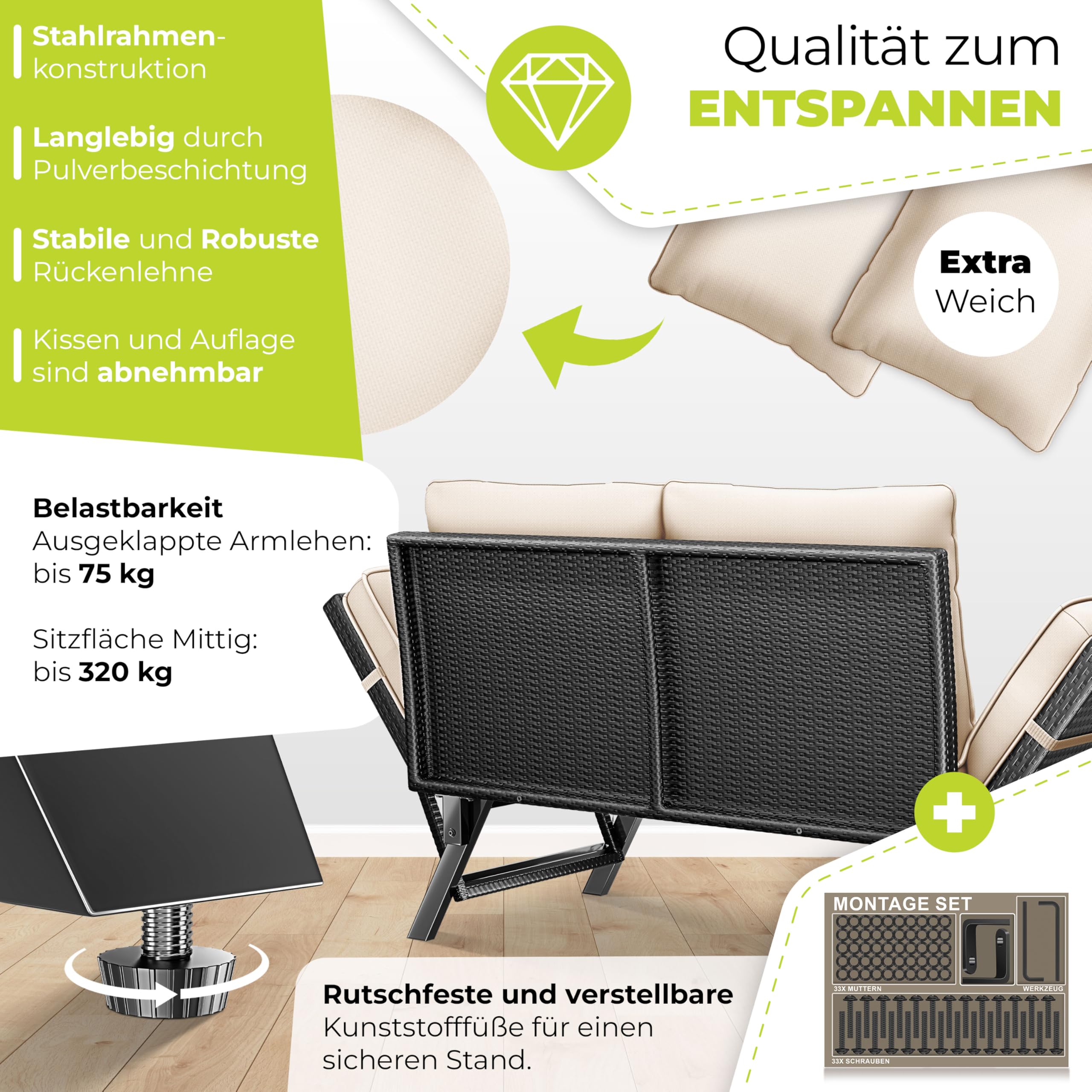 KESSER® Panchina da giardino in polyrattan Luna con funzione sdraiata, divano da giardino 4 in 1, con funzione di regolazione 4 in 1, resistente alle intemperie, braccioli regolabili, extra spessore e