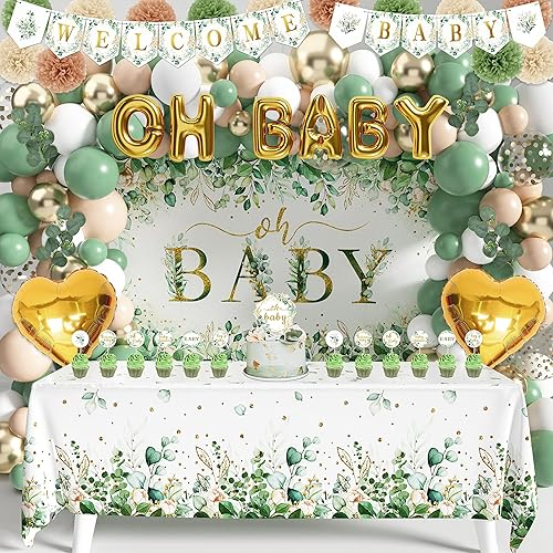 Decoración de baby shower verde salvia para niñas y niños, 99 piezas, suministros de fiesta neutros con mantel de telón de fondo Oh Baby, kit de