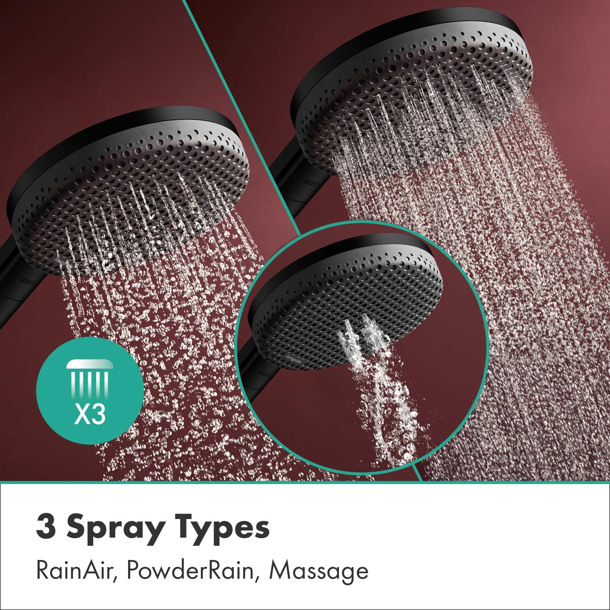 hansgrohe Raindance Alive Select S - ducha de mano, alcachofa de ducha con 3 tipos de chorro (PowderRain), cabezal de ducha redondo (125 mm), con sistema antical, negro mate, 24500670