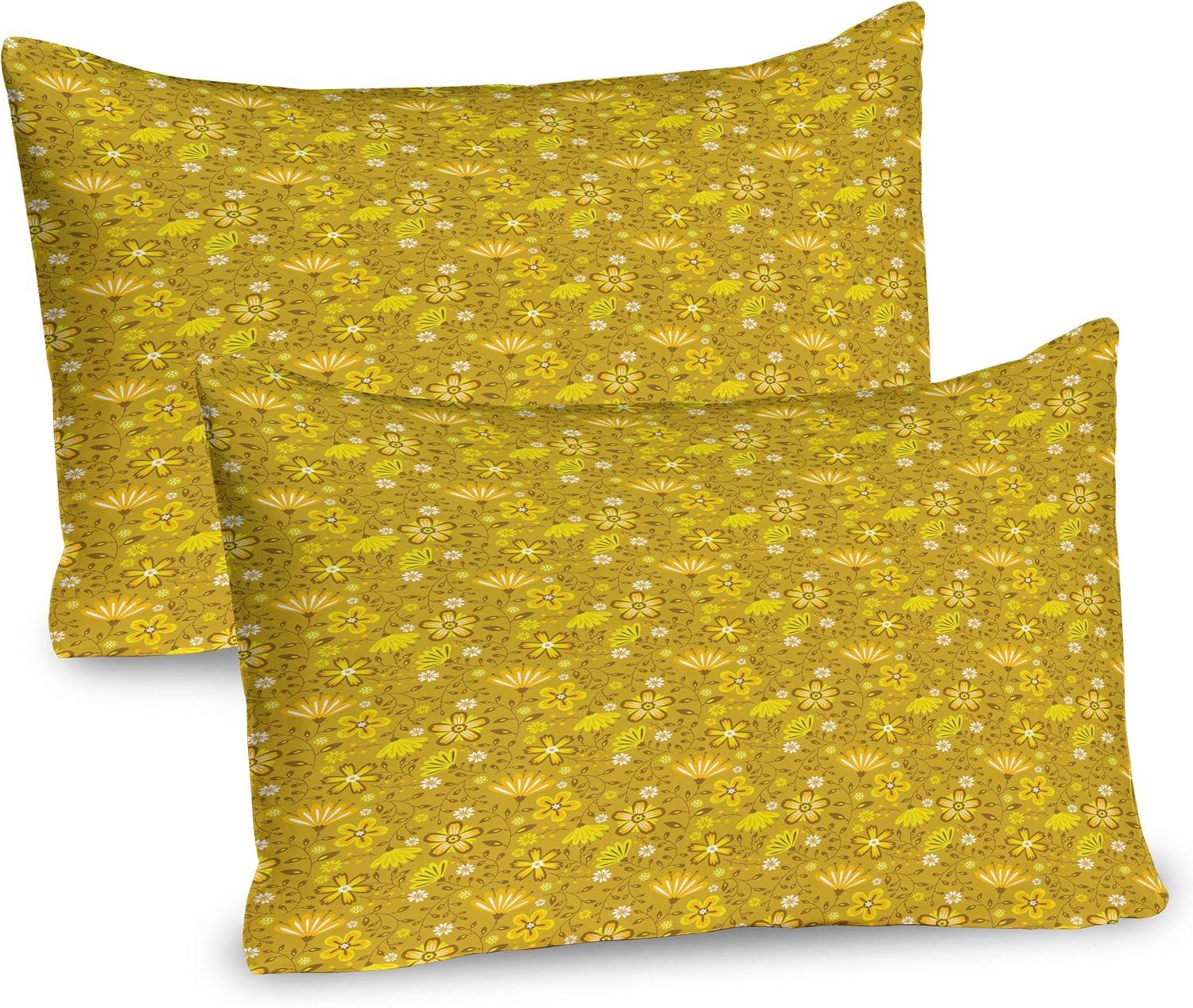Ambesonne Botanical Pillow Sham Set of 2, Aster Daisy Blossoms Field Spring Gardening Meadow Swirly Leaf, Quality Microfiber Bedding Item for All Seasons, 26" x 20", Earth Yellow and Marigold