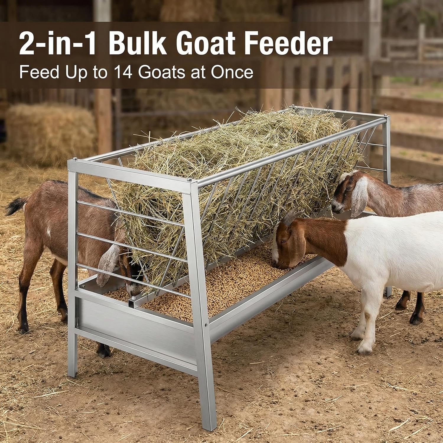77 Gallon Capacity Hay Rack, Galvanized Steel, 60-Inch Length x 33.4 in Tall Goat Feeder with Hay and Grain in One, Ease of Assembly, Feeding Goats Sheep Ponies for Farms Sheep Pens Stables
