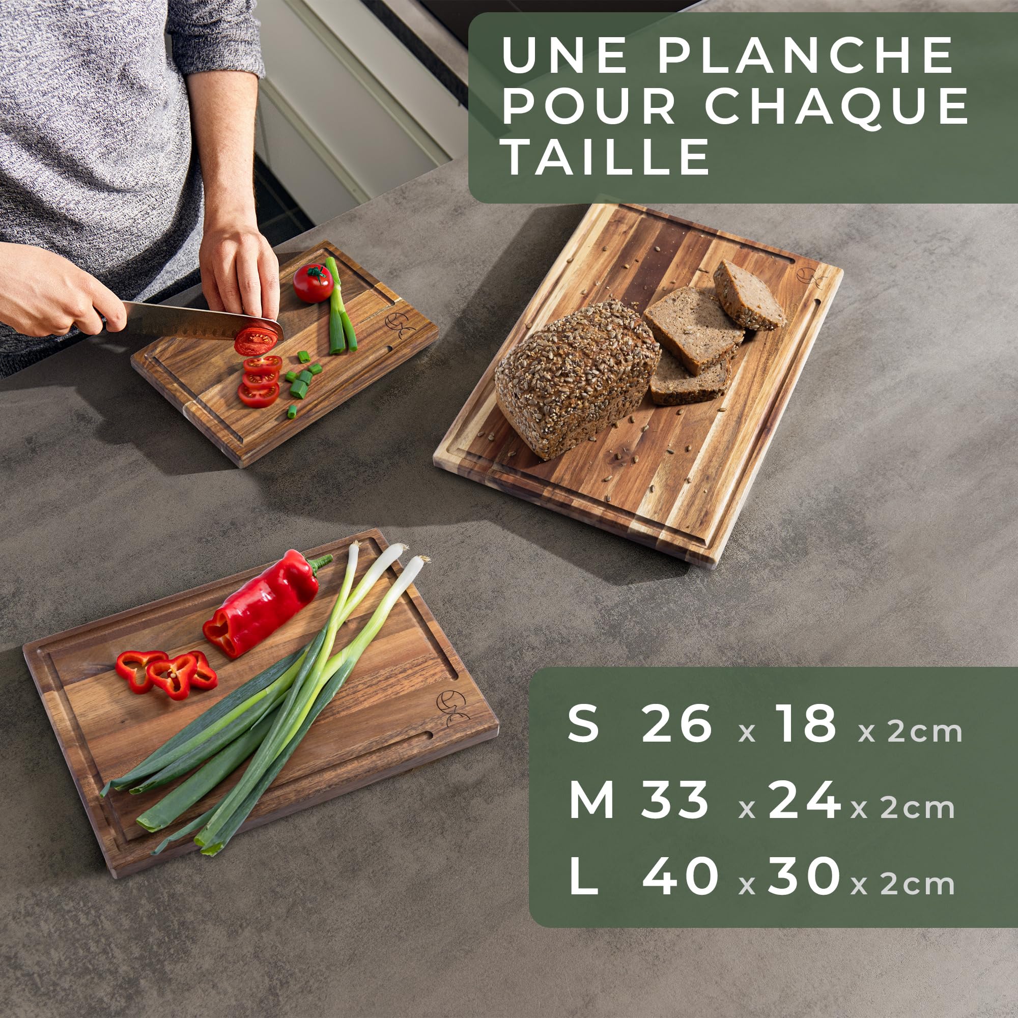 WALDWERK 3 Planches à Découper (40x30 / 33x24 / 26x18cm) en Acacia Massif - Plances à Découper en Bois - Planches de Bois de 2cm d’Épaisseur - Planches à Découper avec Design Élégant