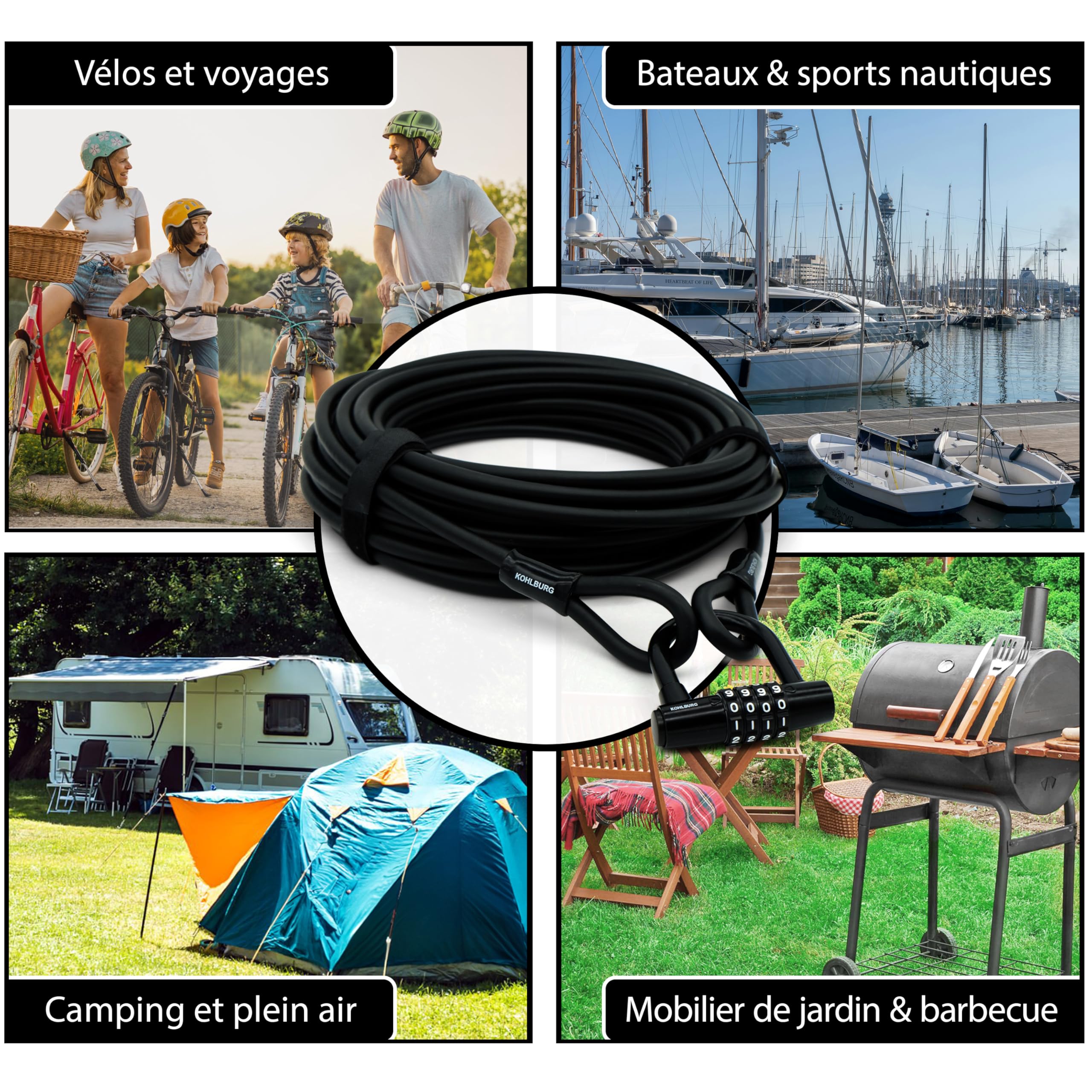KOHLBURG cable antivol [20m de long, en acier] avec combinaison à chiffres – Serrure à code 2000 cm gaine cable de sécurité – Cadenas câble pour plusieurs vélos, bateaux, meubles de jardin, remorque