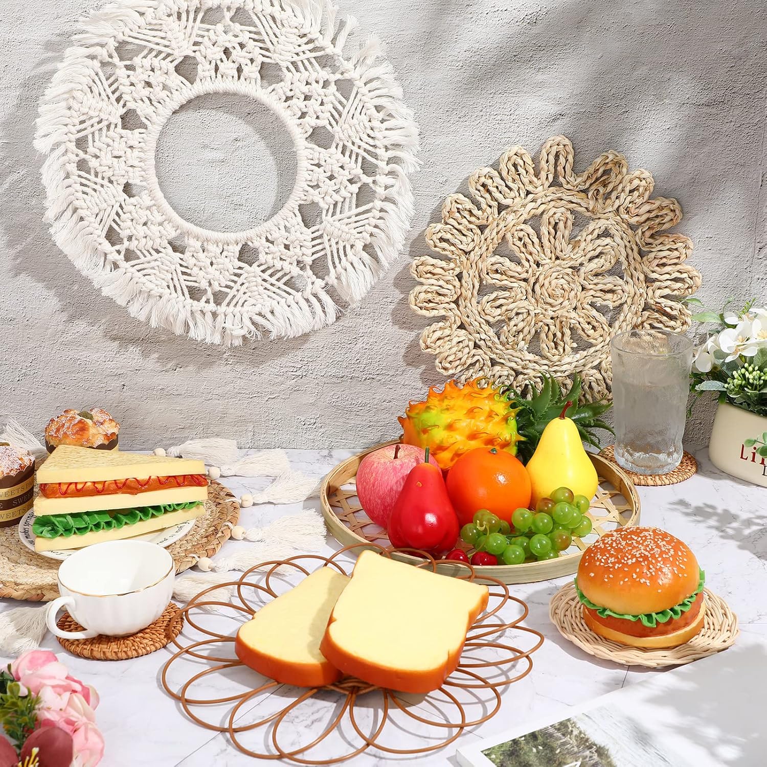 Set of 8 Boho Wall Hanging Set - Woven Rattan, Bamboo Baskets with Macrame Tassels & Tapestry for Bedroom, Living Room, Nursery Decor