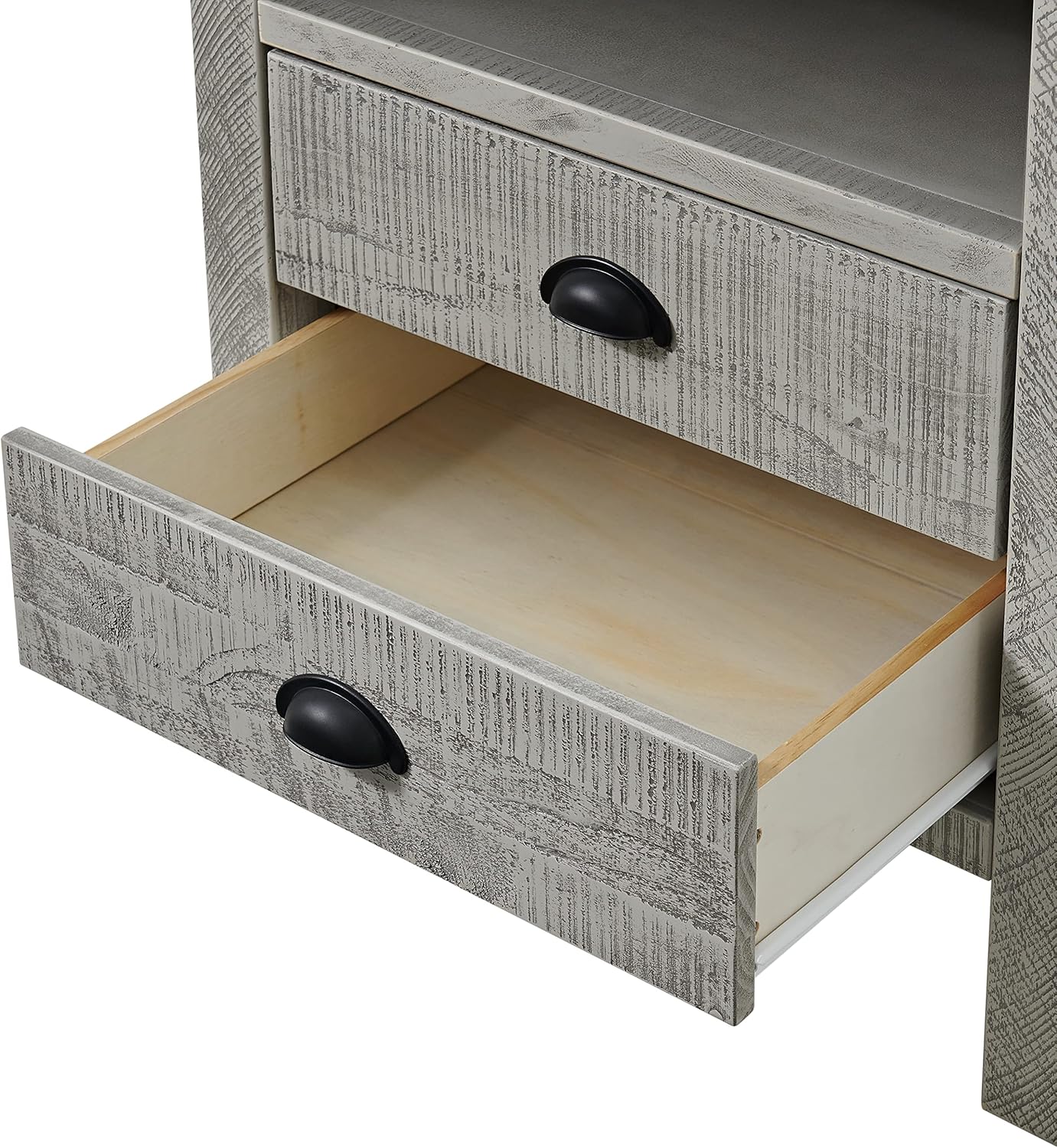 Arden 2-Drawer Wood Nightstand - Driftwood Gray, Rustic Finish with Black Metal Pulls, Solid Pine Construction, Includes Open Top Shelf for Easy Access Storage, Ideal for Master Bedroom