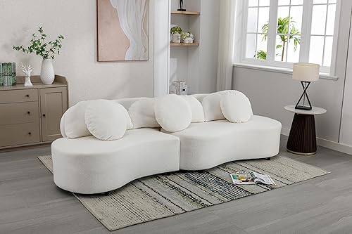 Quarte Sofá moderno de sala de estar, sofá tapizado de terciopelo de cordero con 3 almohadas largas decorativas y 3 almohadas redondas para sala de