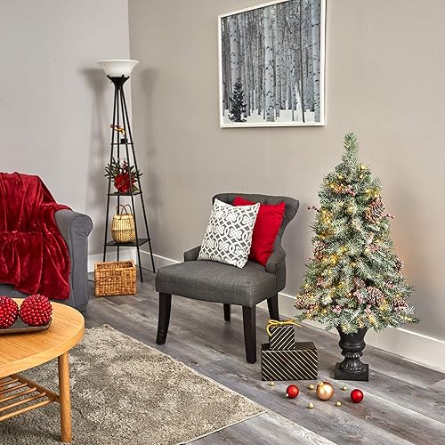 Miniatura 6 de Nearly Natural Árbol de Navidad artificial de pino esmerilado, piña y bayas con 100 luces LED transparentes en urna decorativa