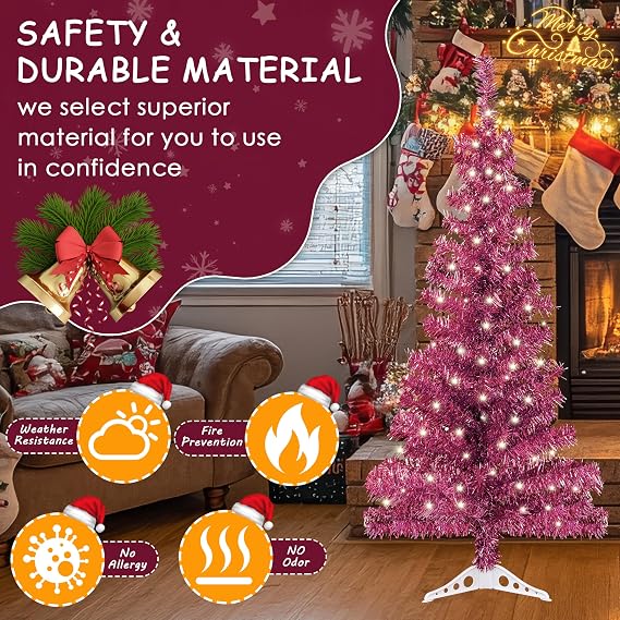 Sunnyglade 4FT 100LED Lighted Artificial Pink Christmas Tree with Stand | Silver Christmas Tree Pen-Shape Xmas Tree with PET Full Branch Tips & Stand for Indoor Christmas Home Party Decor