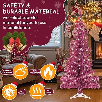 Sunnyglade 4FT 100LED Lighted Artificial Pink Christmas Tree with Stand | Silver Christmas Tree Pen-Shape Xmas Tree with PET Full Branch Tips & Stand for Indoor Christmas Home Party Decor