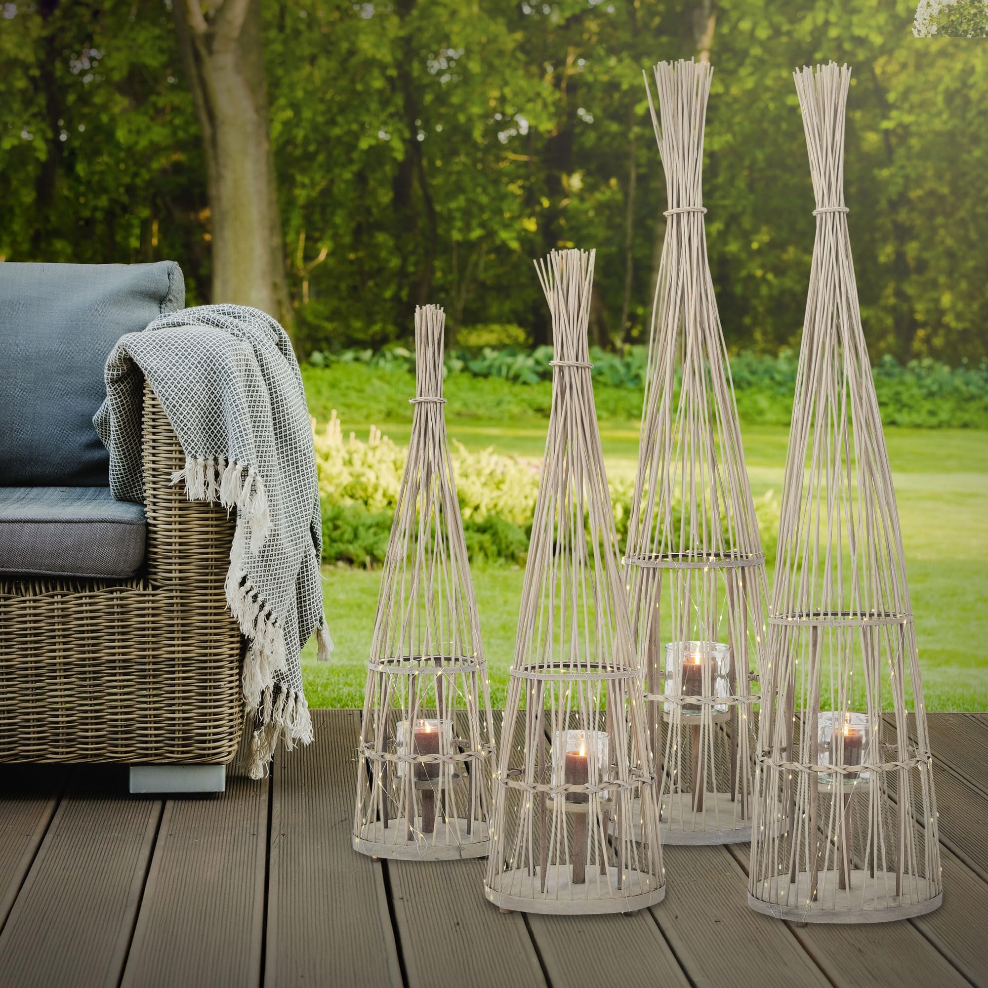 ECD Germany Linterna de Bambú con Guirnalda de Luces LED a Pilas e Inserto de Cristal, 91 cm, Portavelas de Madera, Farolillo Boho, Lámpara Interior/Exterior Decorativo para Jardín, Terraza, Balcón